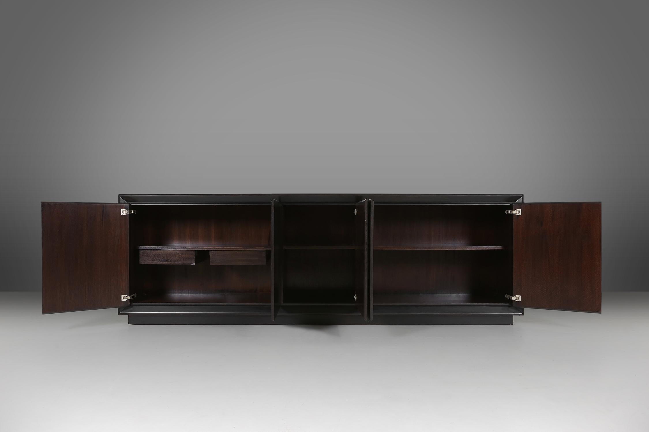 Lacquered Minimalistic mid-century black lacquered sideboard, Belgium, 1960s For Sale