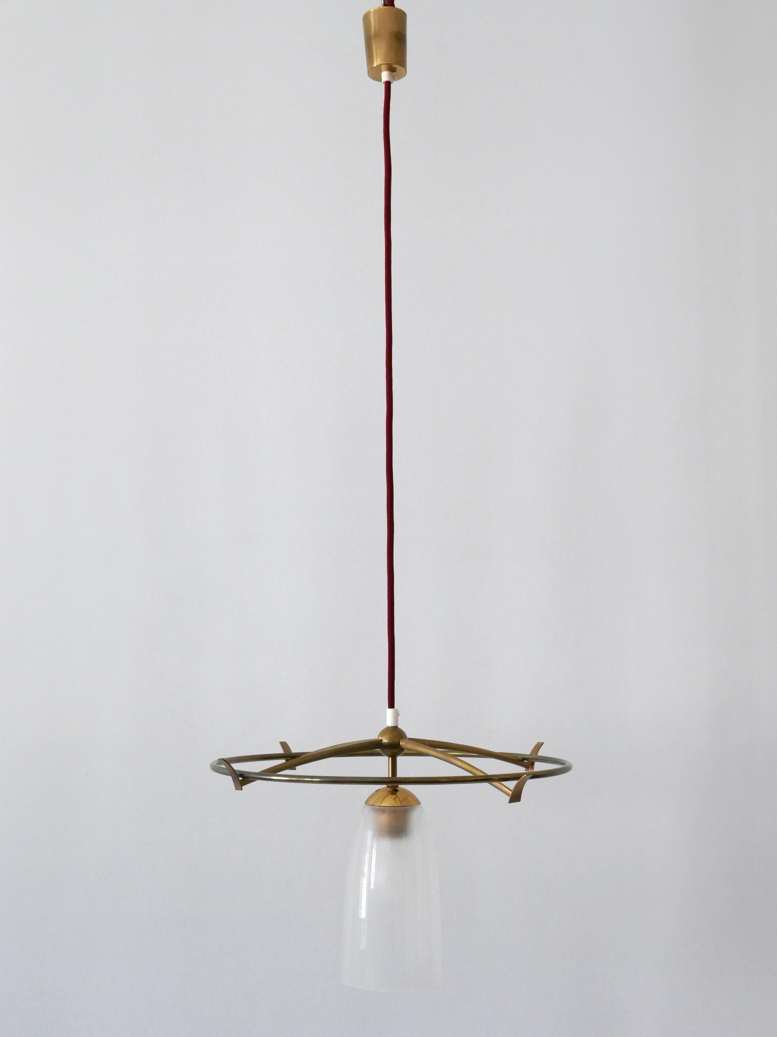 Mid-20th Century Minimalistic Mid-Century Modern Brass & Glass UFO Pendant Lamp Germany, 1950s For Sale