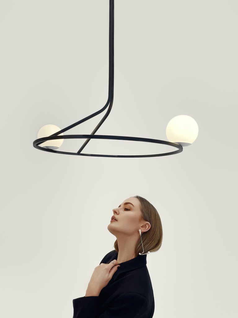 Na Linii lighting by SVITANOK

Category: Lighting
Type: Pendant, Floor lamp
Material: Steel rods, frosted glass, textile cable
Overall dimensions: pendant 730 x 550 mm / floor lamp 1450 x 550 mm
Light source: G9, 110-220V
Available in different