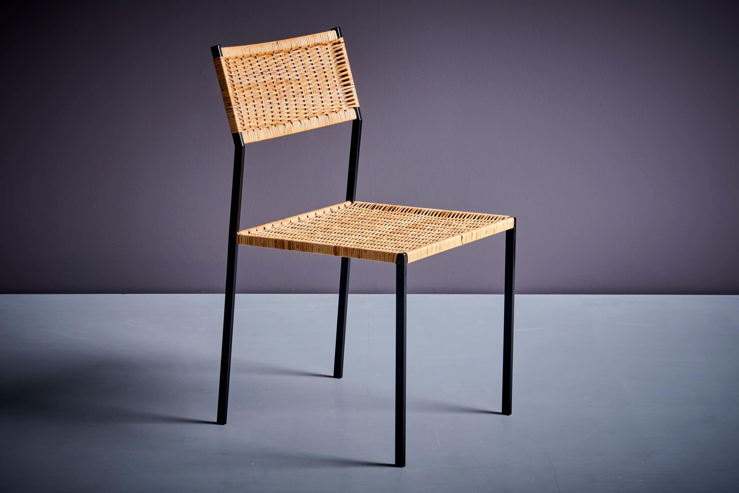 Super lightweight Minimalistic rectilinear steel and Rattan Side Chair in the manner of Martin Visser