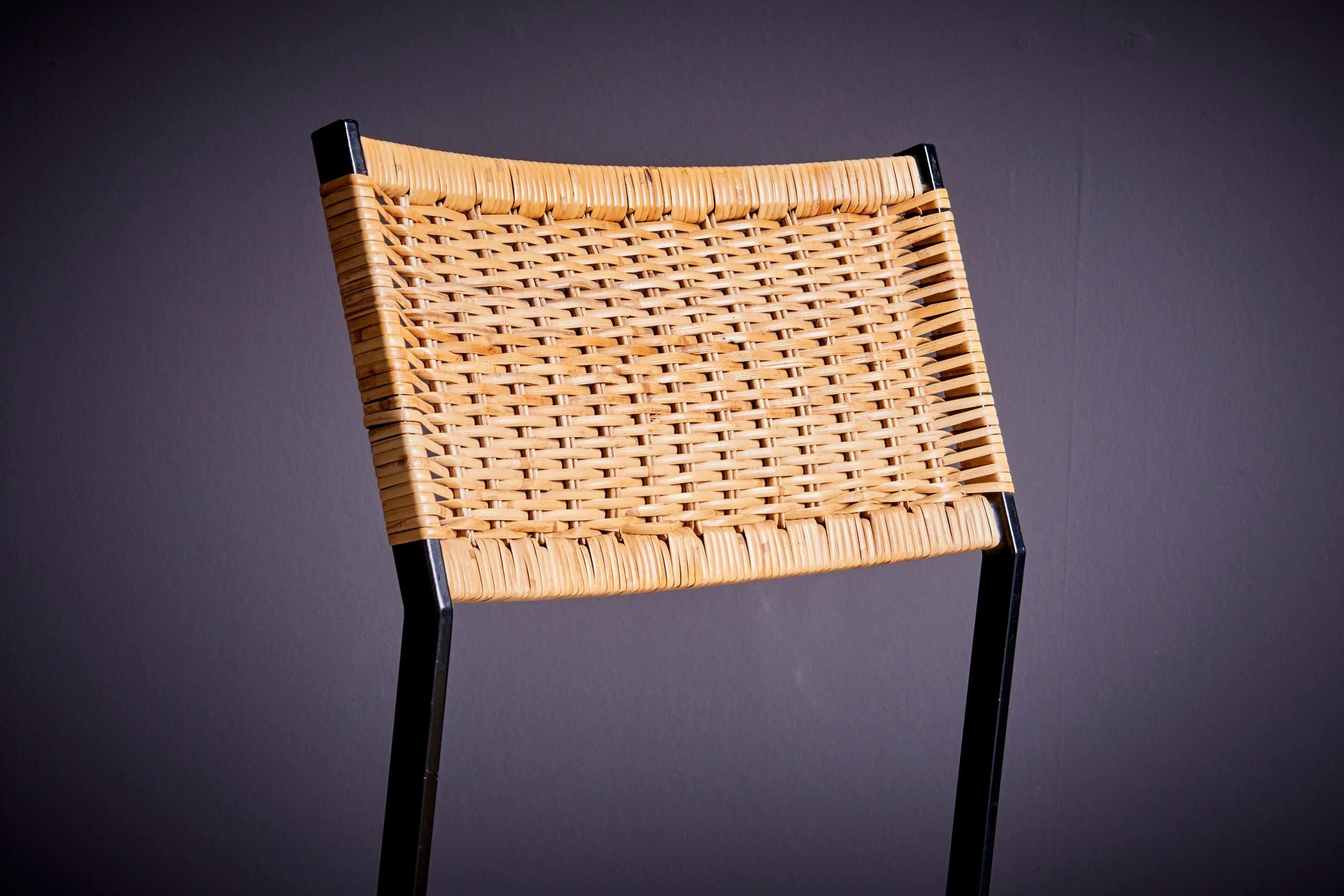 Mid-Century Modern Minimalistic steel and Rattan Side Chair in the style of Martin Visser For Sale