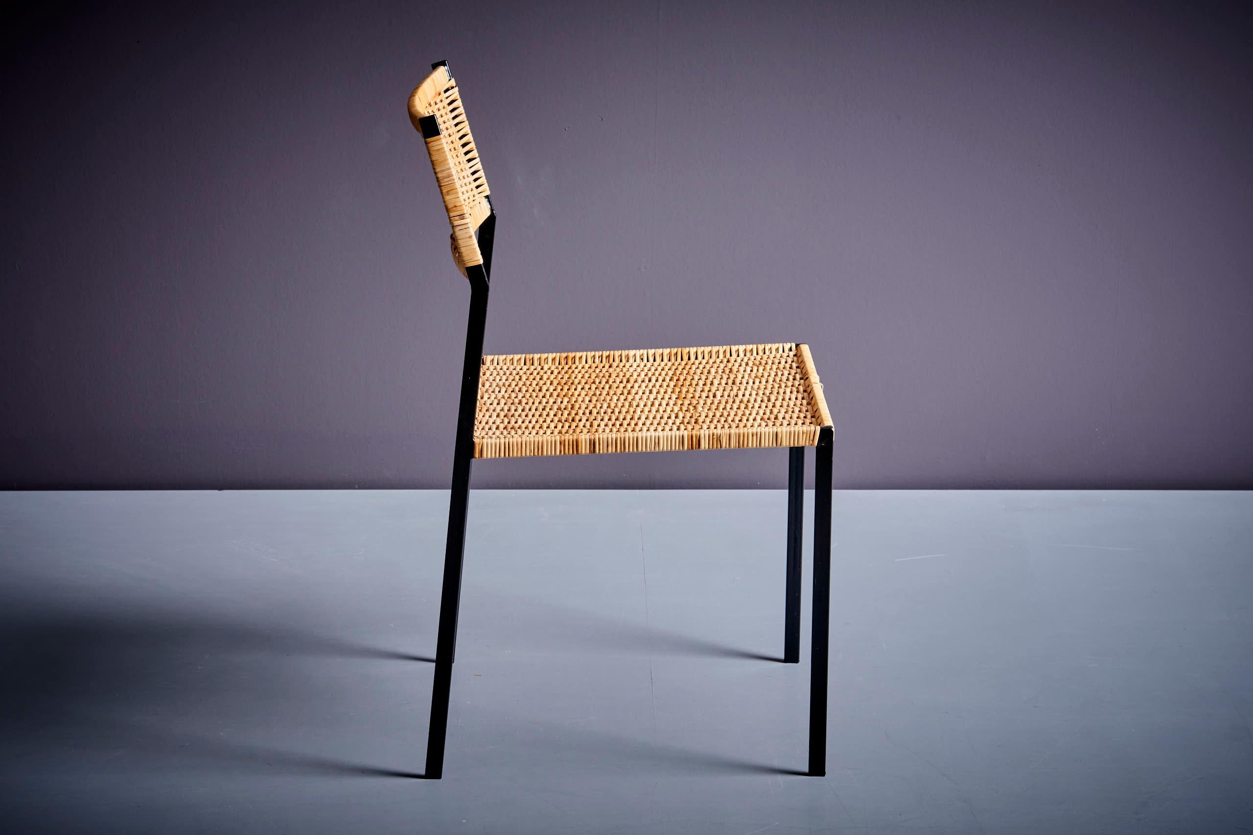 Mid-20th Century Minimalistic steel and Rattan Side Chair in the style of Martin Visser For Sale