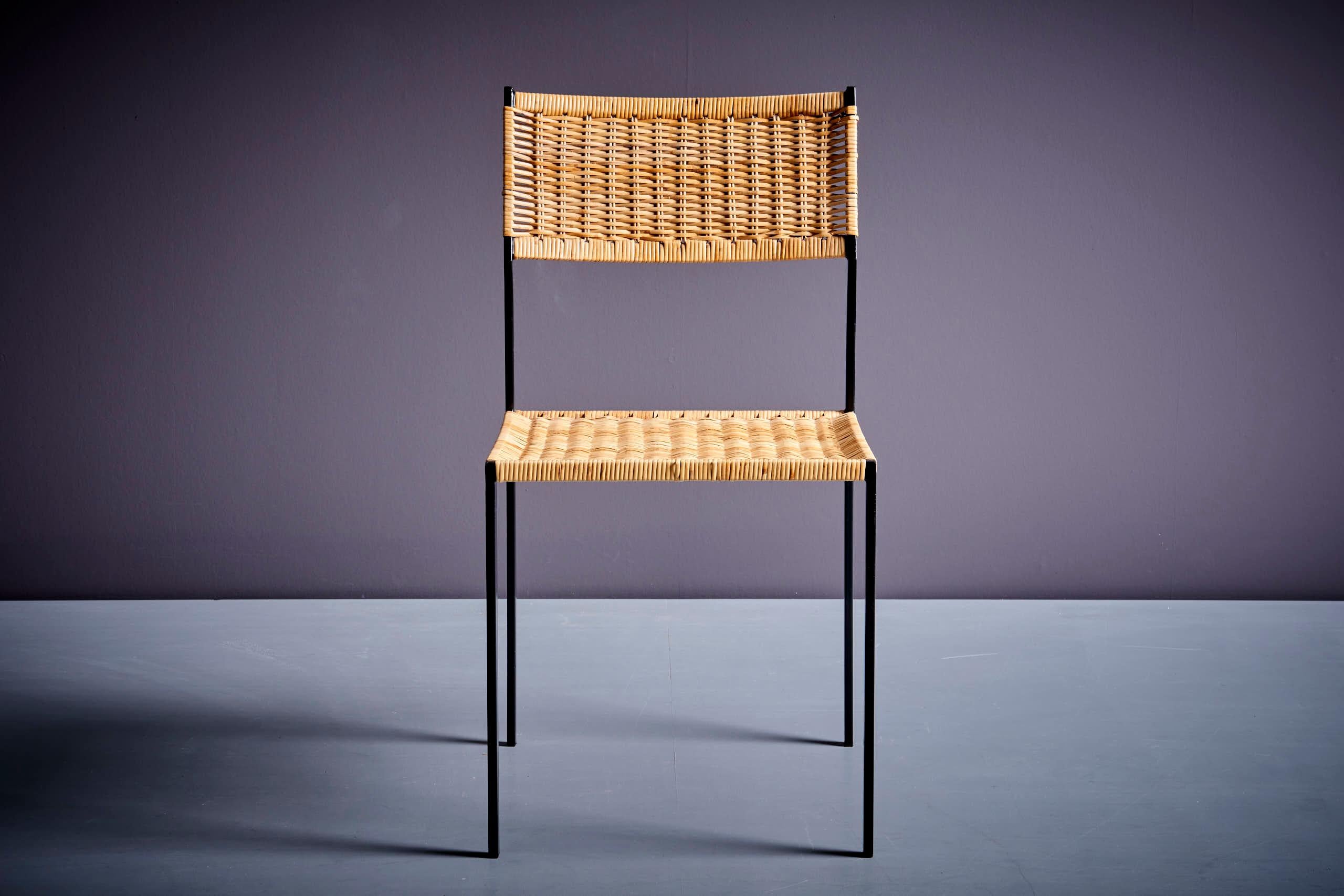Metal Minimalistic steel and Rattan Side Chair in the style of Martin Visser For Sale