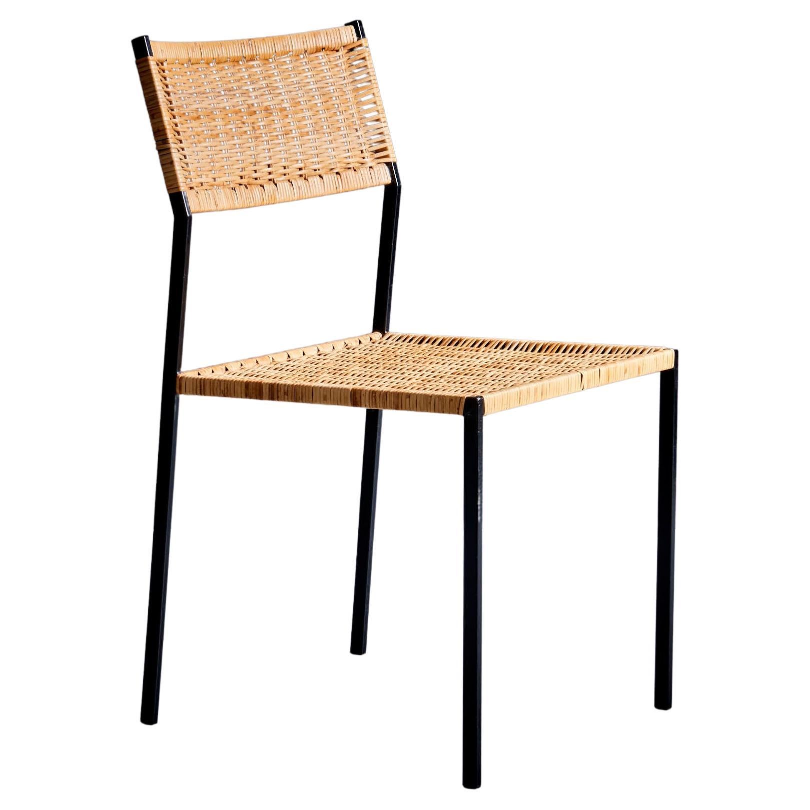 Minimalistic steel and Rattan Side Chair in the style of Martin Visser For Sale