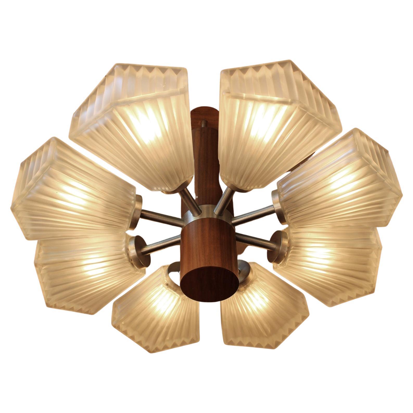 TEMDE MINIMALISTIC TEAK & MOULDED GLASS CHANDELIER WITH 8 LIGHTS (+ 1 SHADE FOR RESERVE), GERMANY 1960s

DIAMETER 21