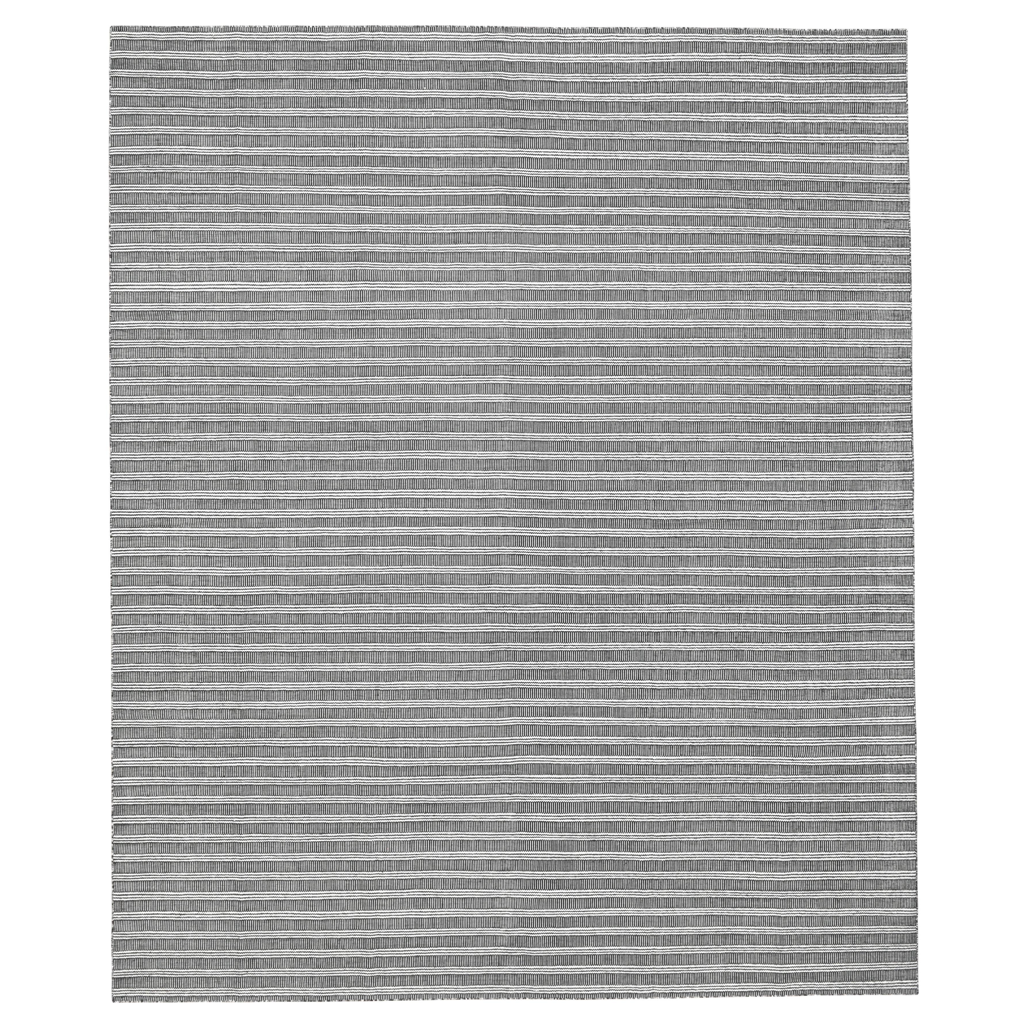 Minimilistisches schwarz- elfenbeinfarben gestreiftes Flachgewebe aus entworfener Wolle  14'2''x17'2''