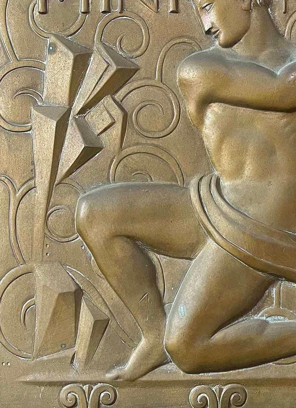 „Mining“, bedeutende, seltene Art-Déco-Bronzetafel, Fisher Bldg, Detroit von Maroti (Art déco) im Angebot