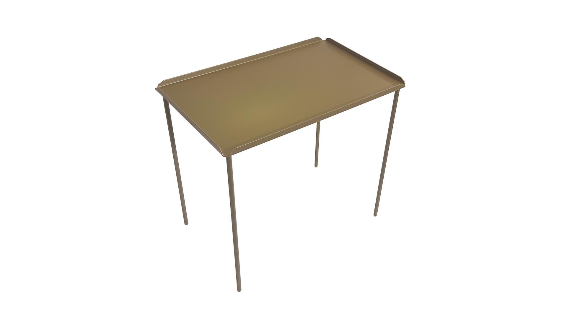 A compact contemporary italian coffee table built of a single steel sheet folded on the edges with four tapered legs rounded off on the tip.

Built of steel, powder coating with brass finish or burnished steel finish, also available in the colors: