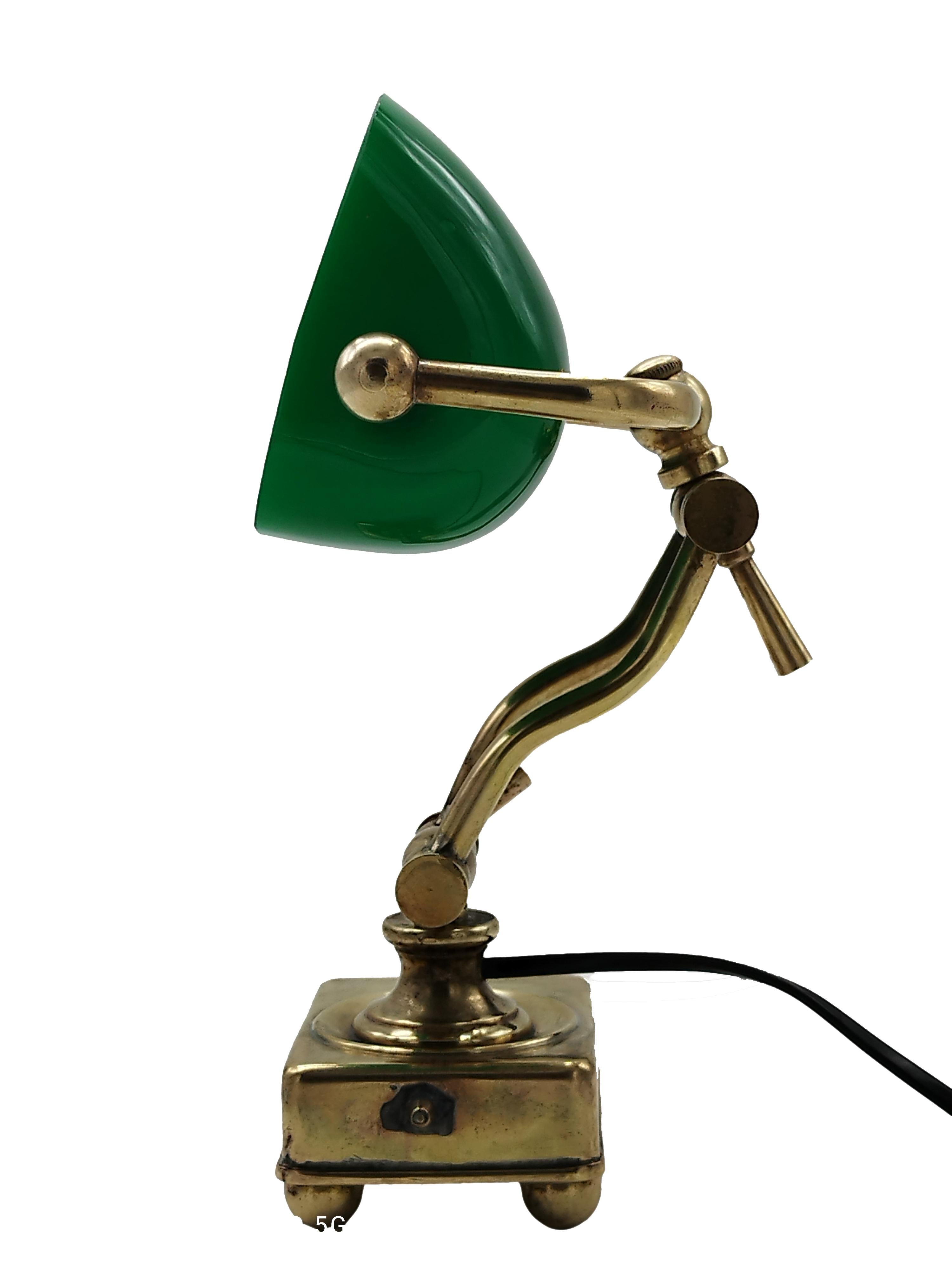Mid-Century Modern Ministerial Brass and Green Glass Table Lamp, Germany 1950s For Sale