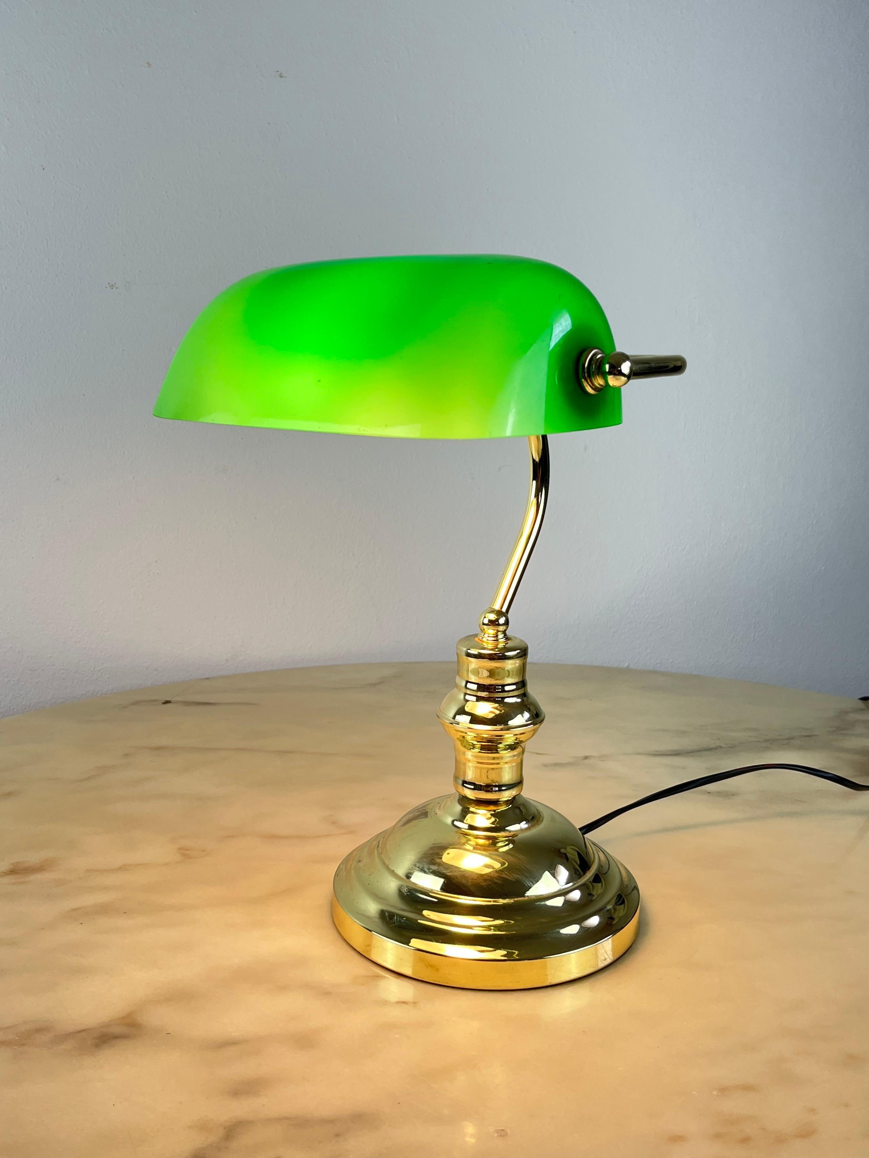 Late 20th Century Ministerial Lamp in Gilded Metal and Colored Glass, Italy, 1980s For Sale