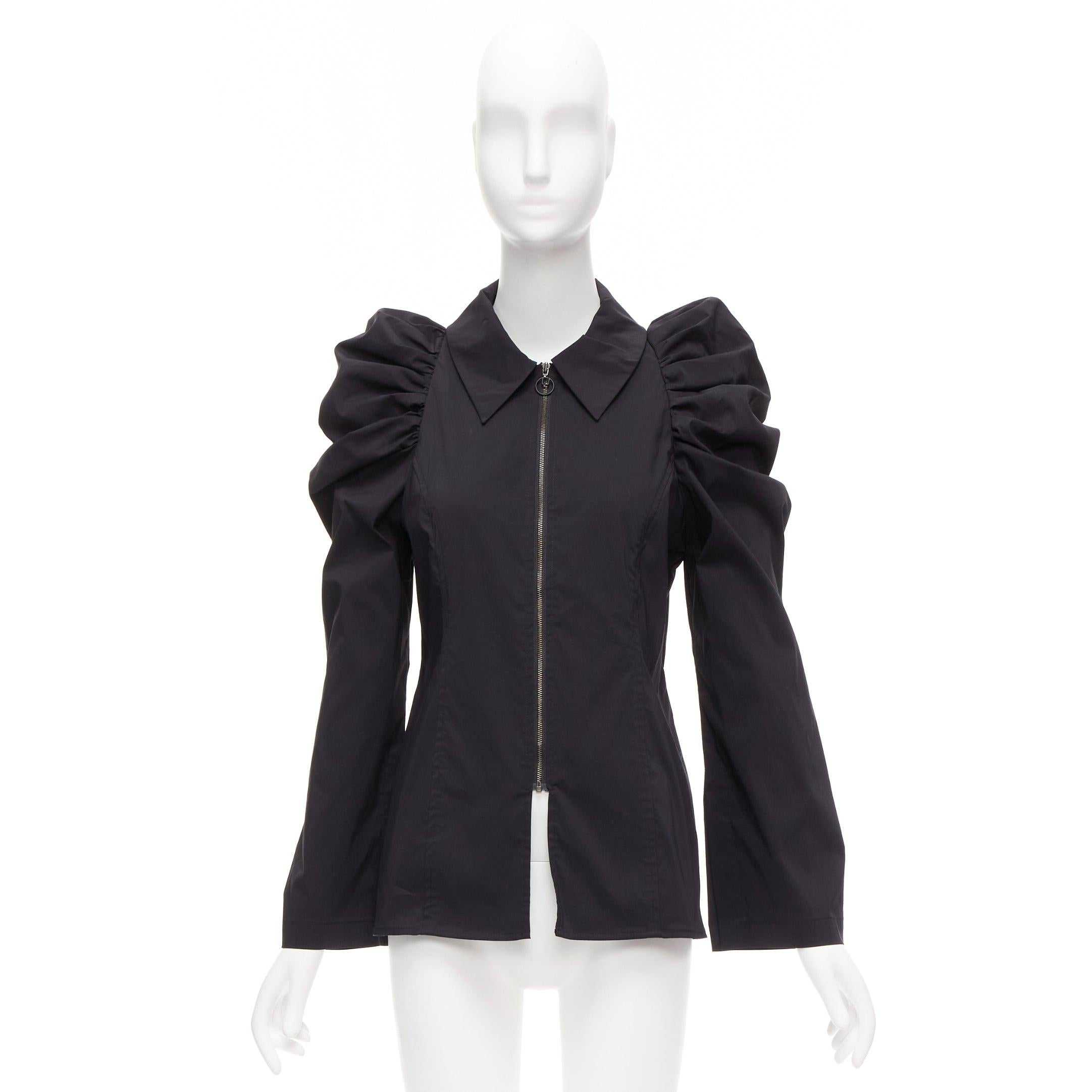 MINJUKIM 2022 black Victorian puff sleeve zip front cotton blend shirt IT36 XXS For Sale 5