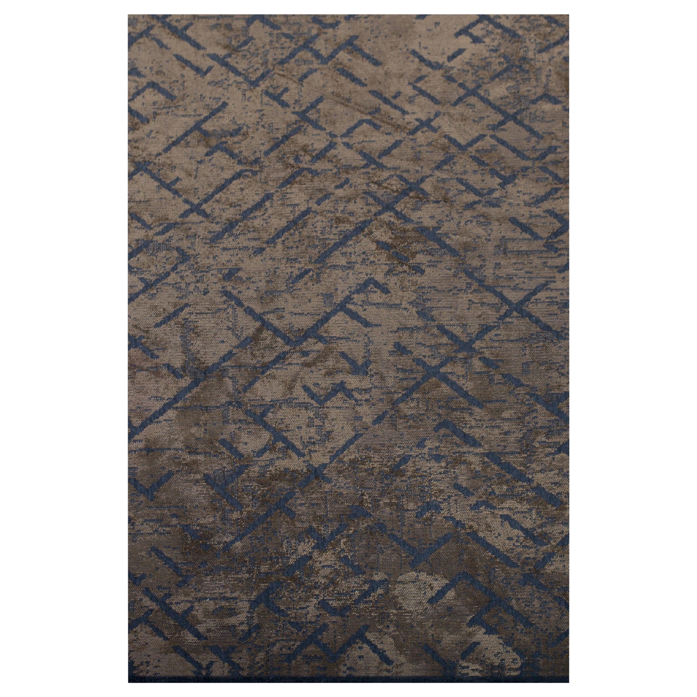 Tappeto semi-lussante di lusso con motivo astratto contemporaneo Mink Brown e Blue
