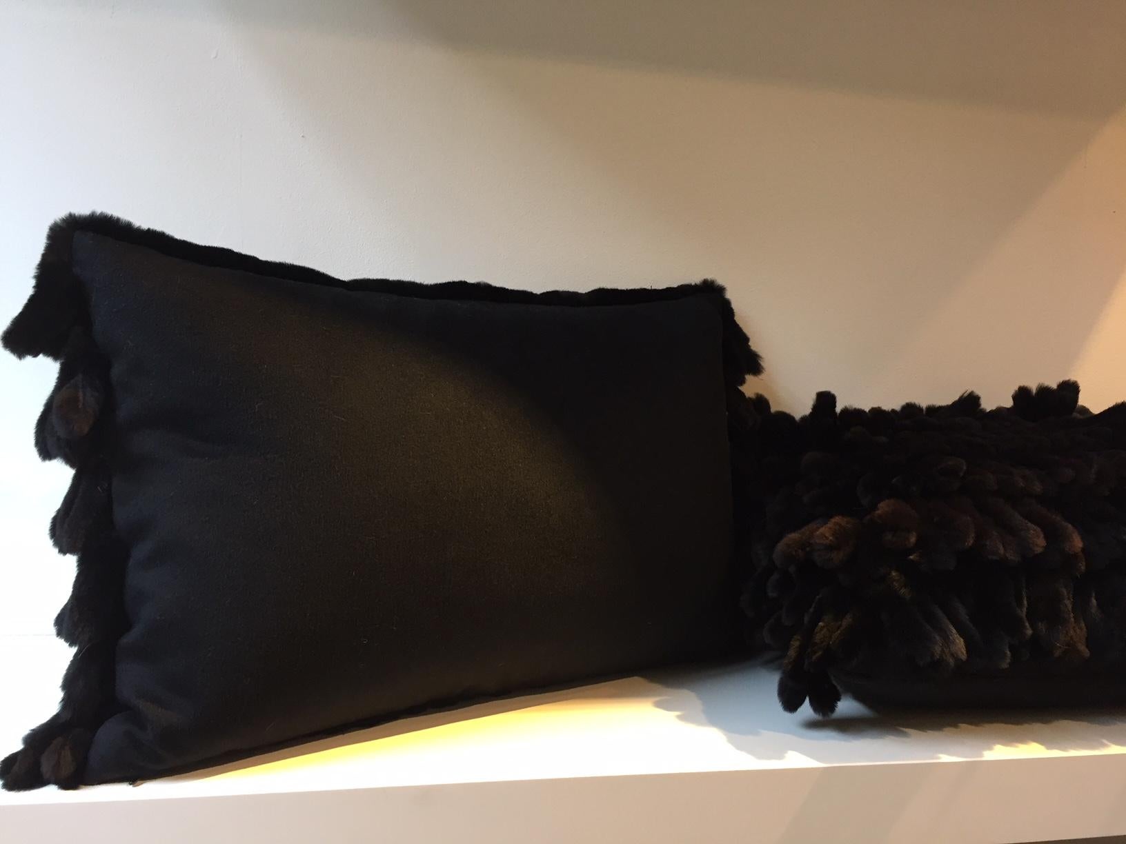 Contemporary Mink Cushions Color Black-Brown With Black Cashmere On the Back 