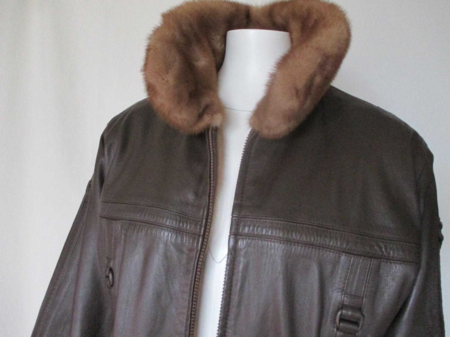 Brown Mink Fur Leather Bomber Jacket Reversible
