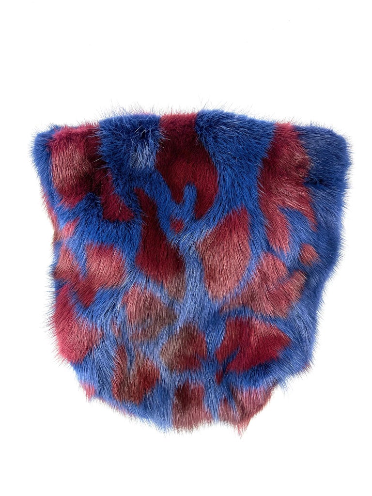 Product details:

The hat features blue and red mink hat with red silk lining and a matching blue mink scarf. Could be sold separately. 

Measurements: 
The hat - 11.5 inches high, 10 inches across, 7 inches high inside.
The scarf - 33 inches long