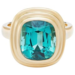 Minka, 6.34 Carat Cushion Cut Blue Tourmaline 18 Karat Yellow Gold Athena Ring