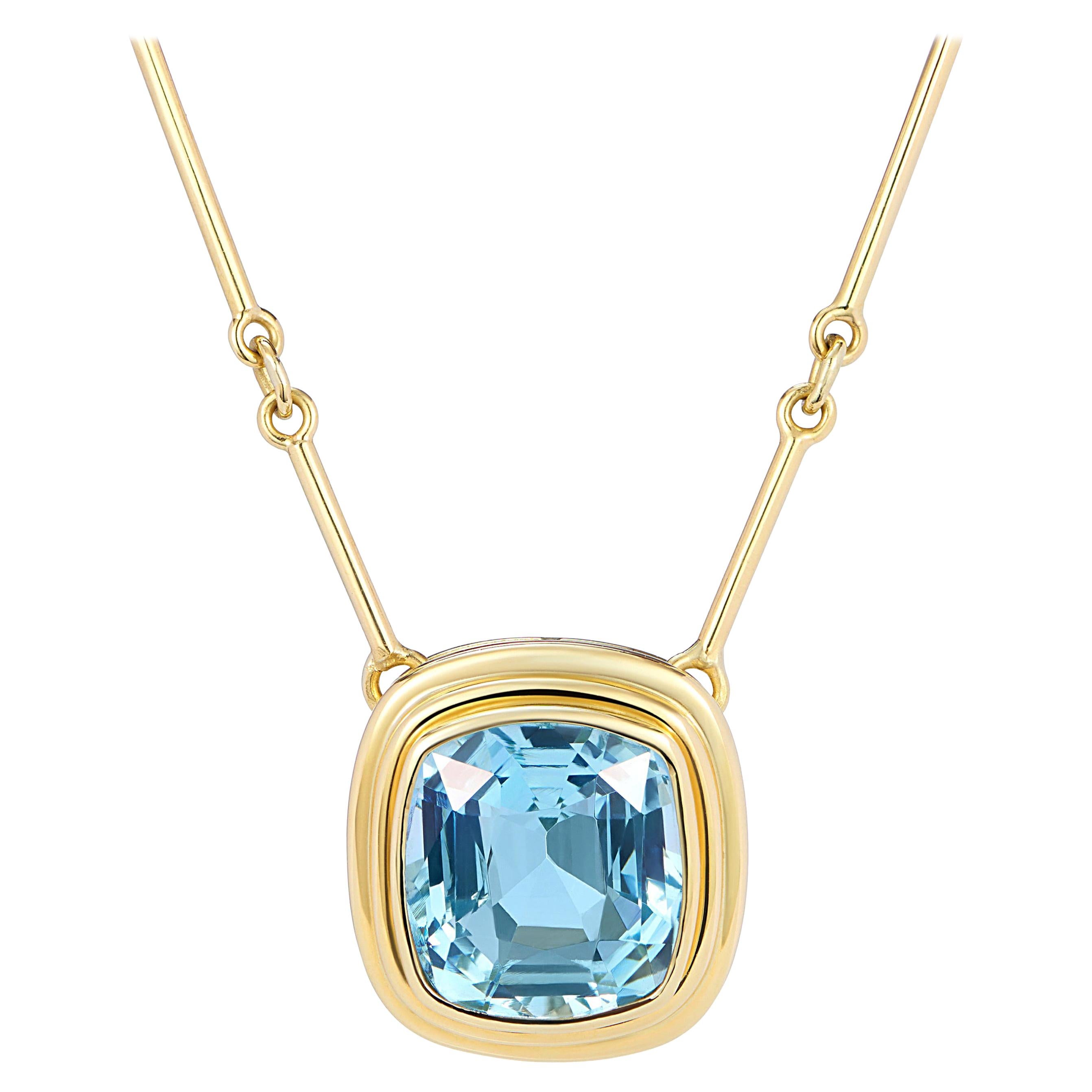 Certified 6.97 Carat Aquamarine Statement Necklace with 18 inch Gold Bar Chain For Sale