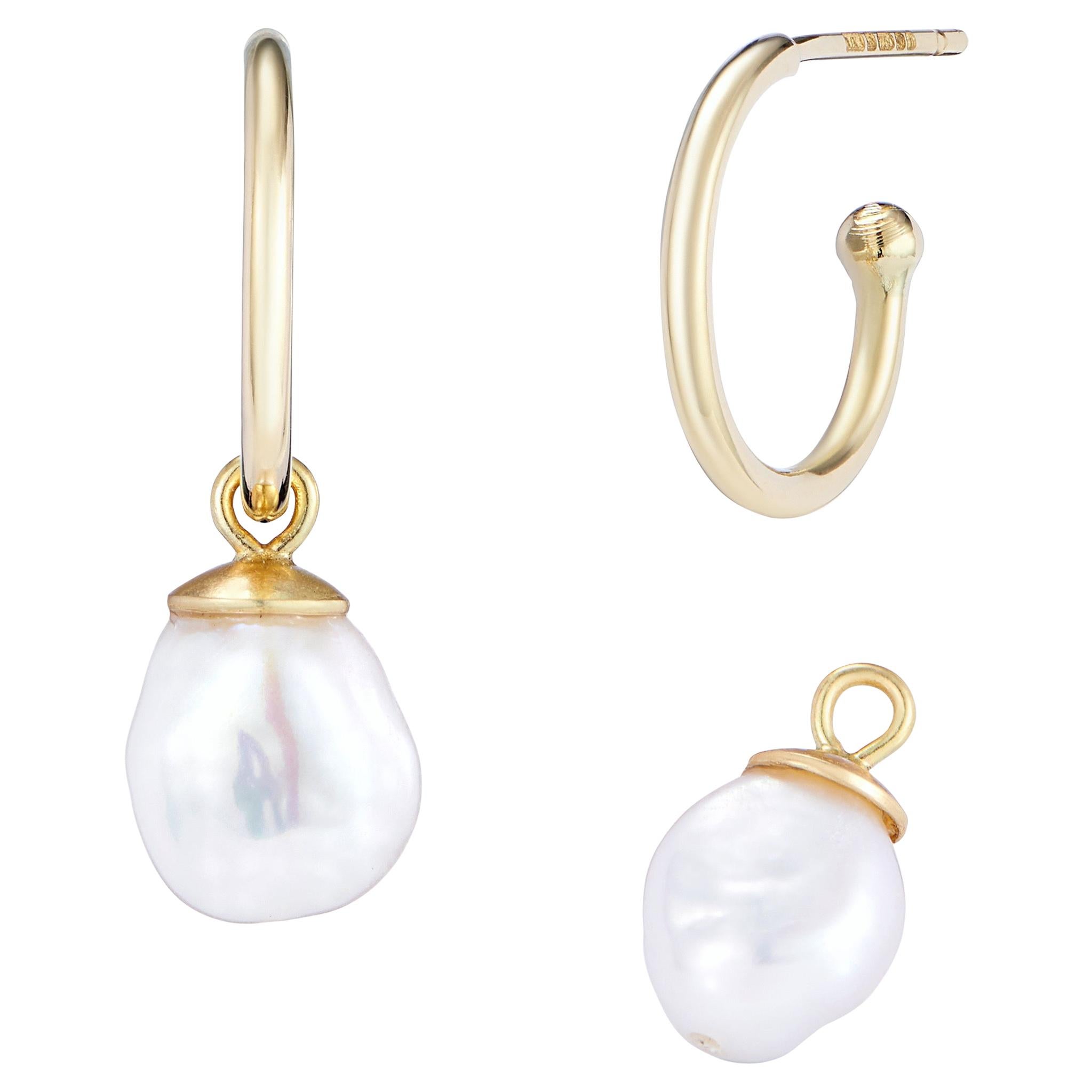 18 Karat Yellow Gold Hoops With Removable White Keshi Pearl Drops
