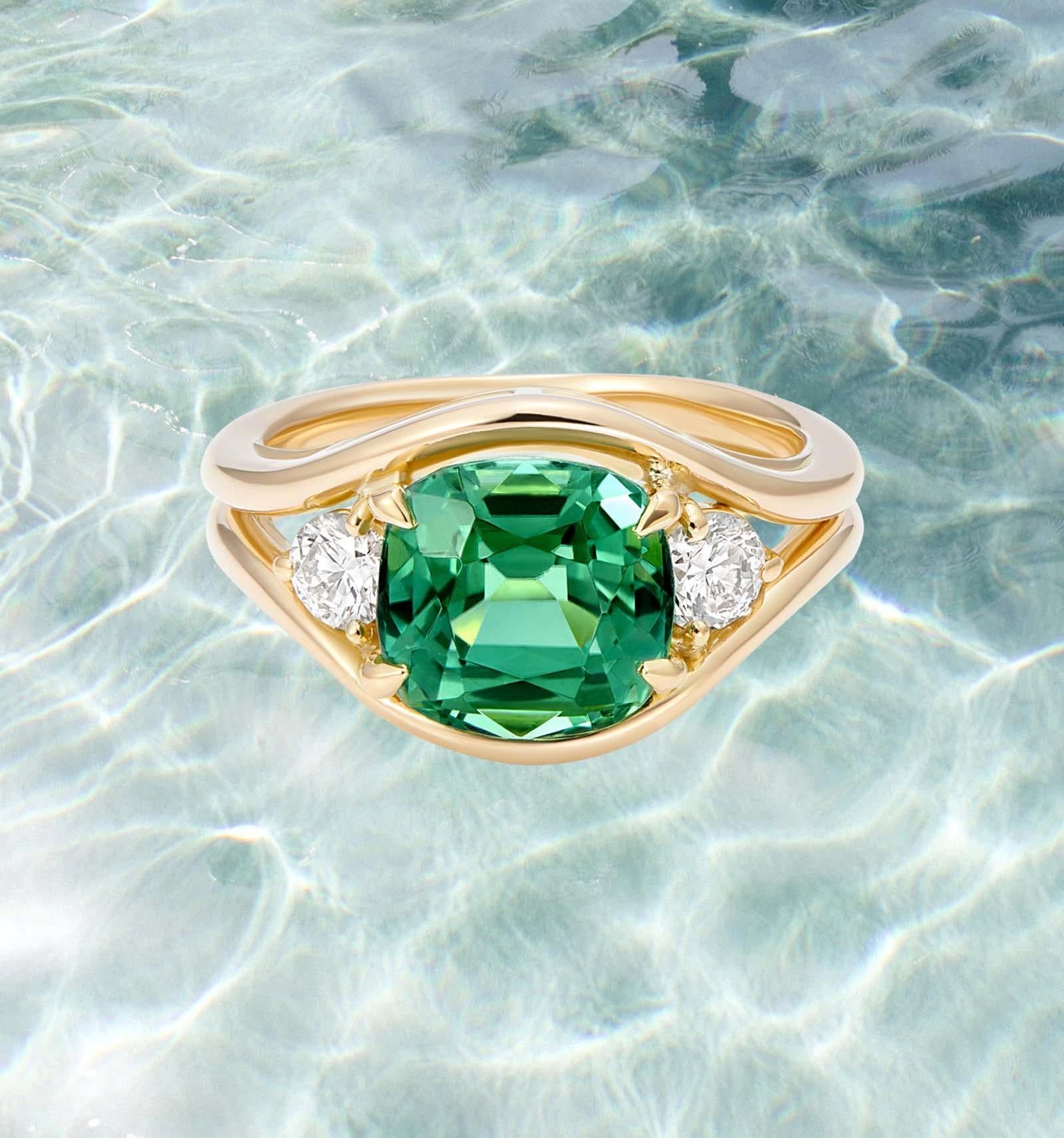 Contemporary Minka Jewels, 3ct Green, Cushion Tourmaline and Diamond Ring, 14k Yellow Gold