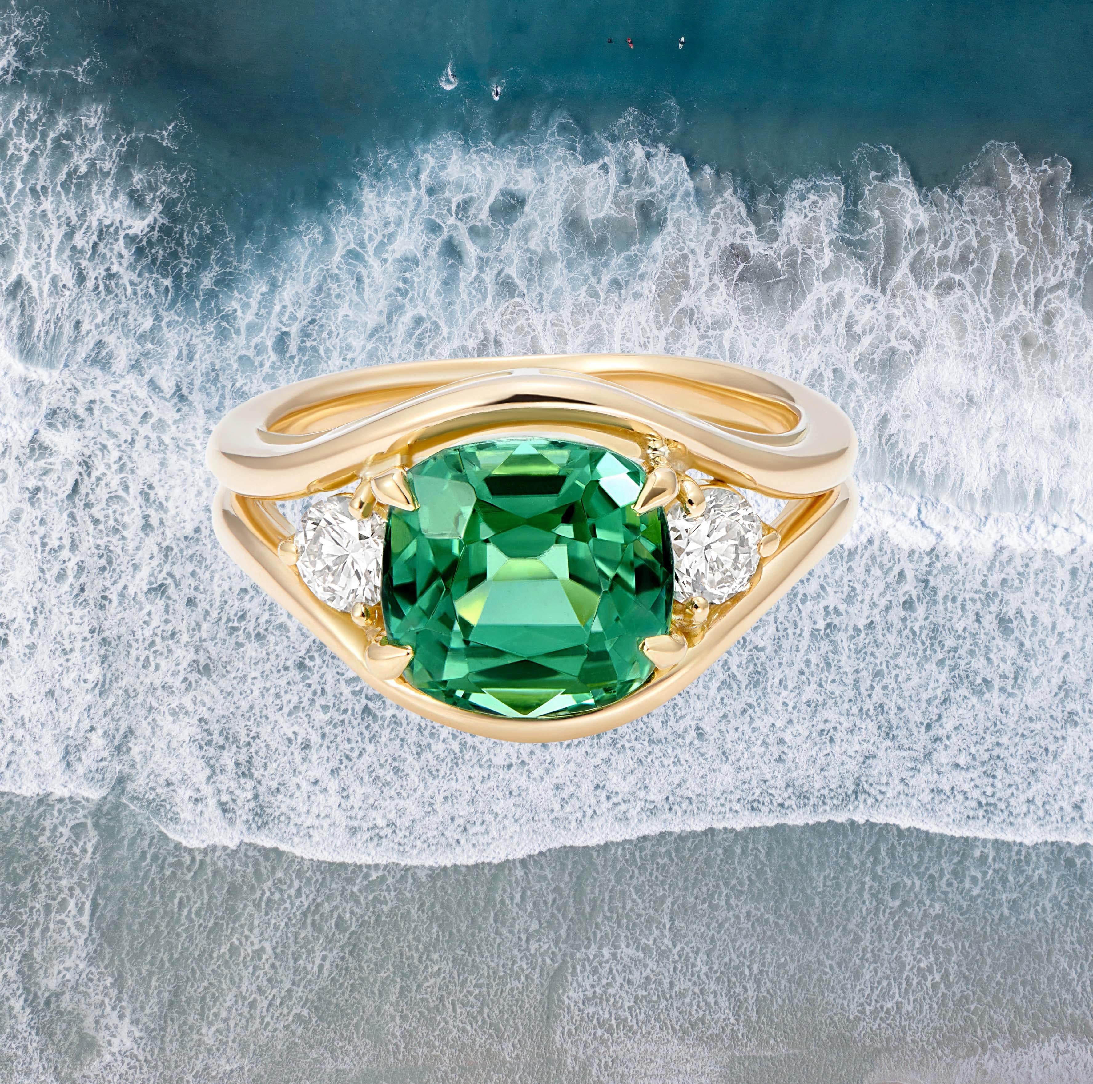 Cushion Cut Minka Jewels, 3ct Green, Cushion Tourmaline and Diamond Ring, 14k Yellow Gold