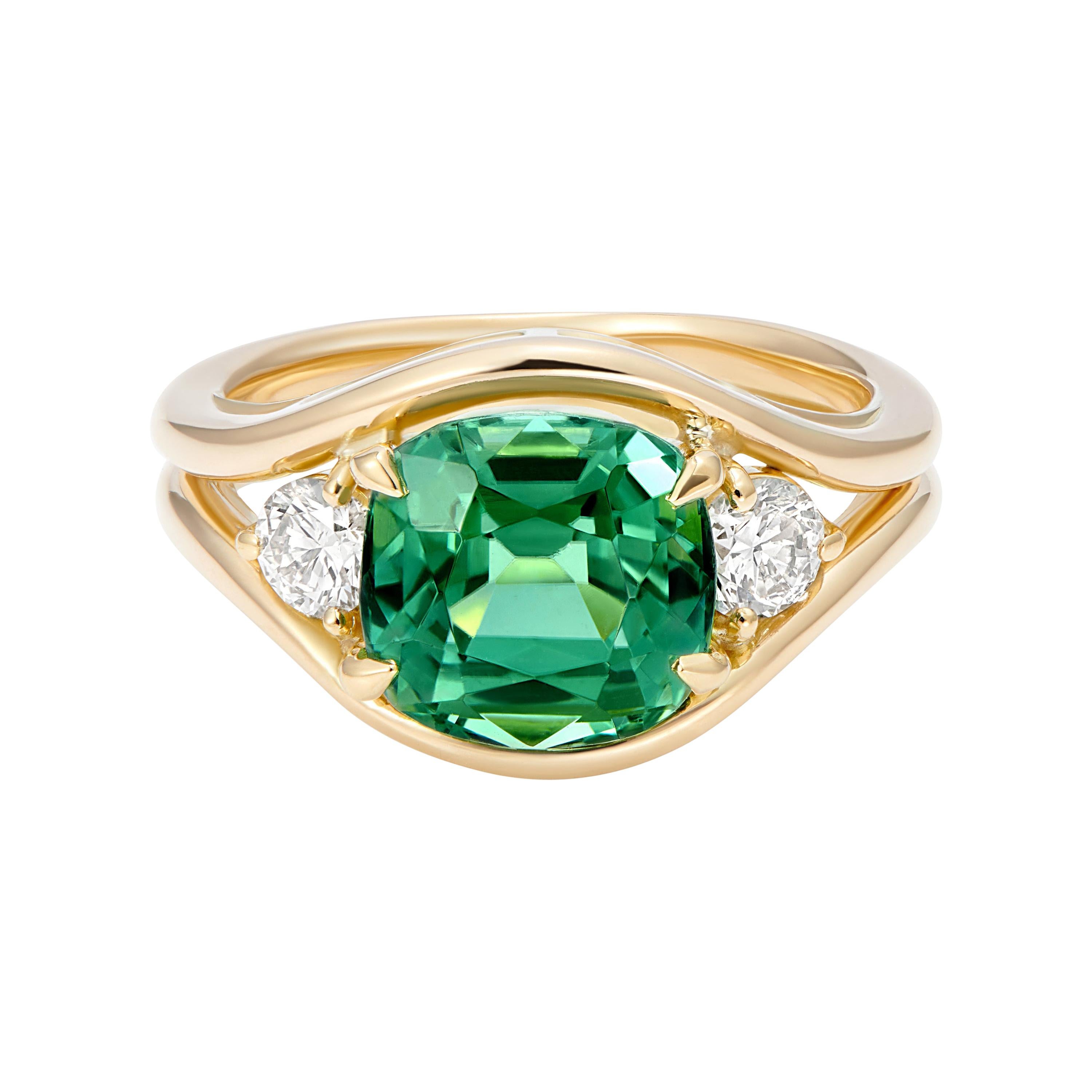 Minka Jewels, 3ct Green, Cushion Tourmaline and Diamond Ring, 14k Yellow Gold