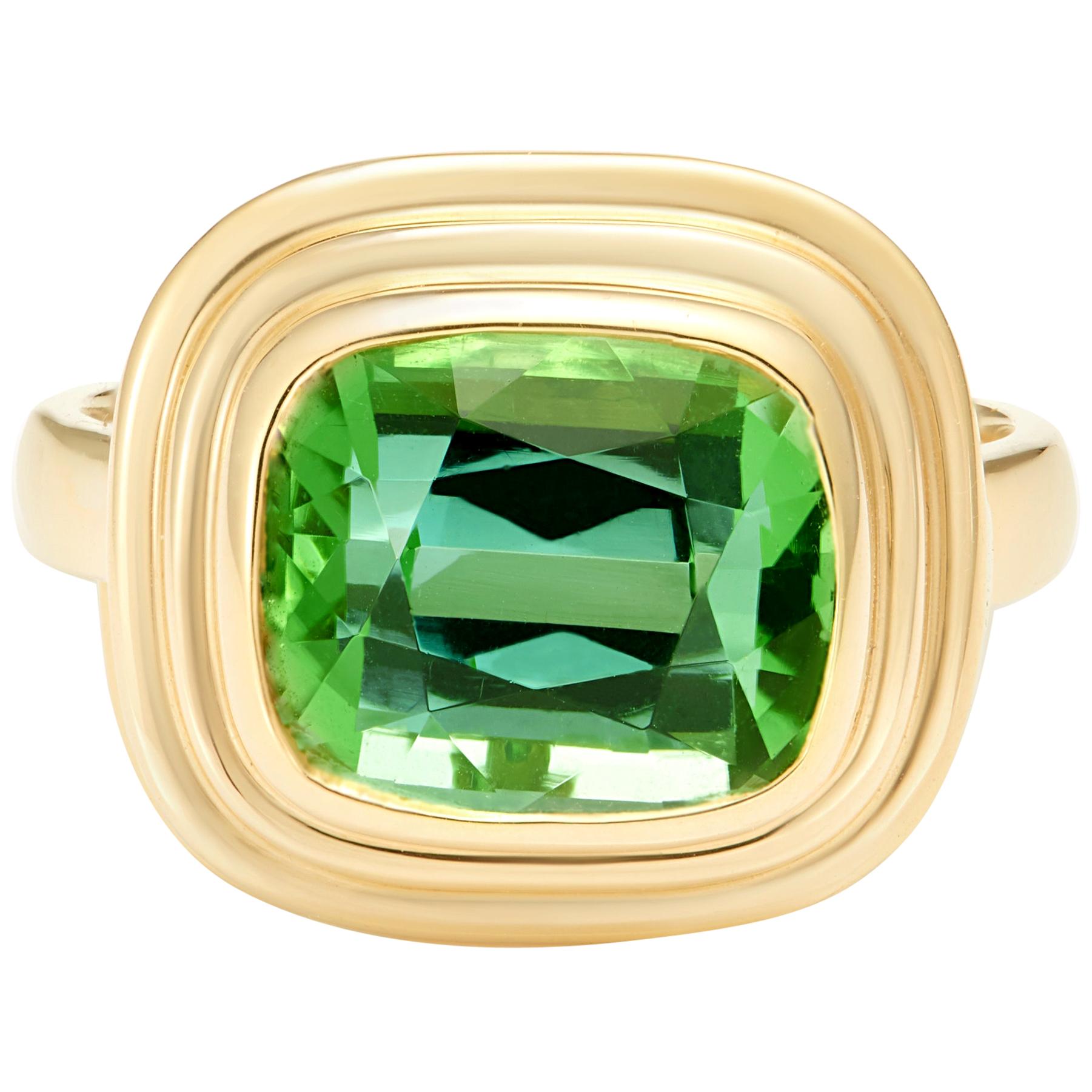 Vivid Green 5.70 Carat Tourmaline 18 Karat Yellow Gold Cocktail Ring