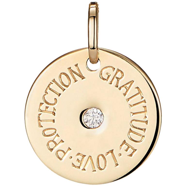 Personalized 9 Karat Yellow Gold and White Diamond Mantra Charm Disc For Sale