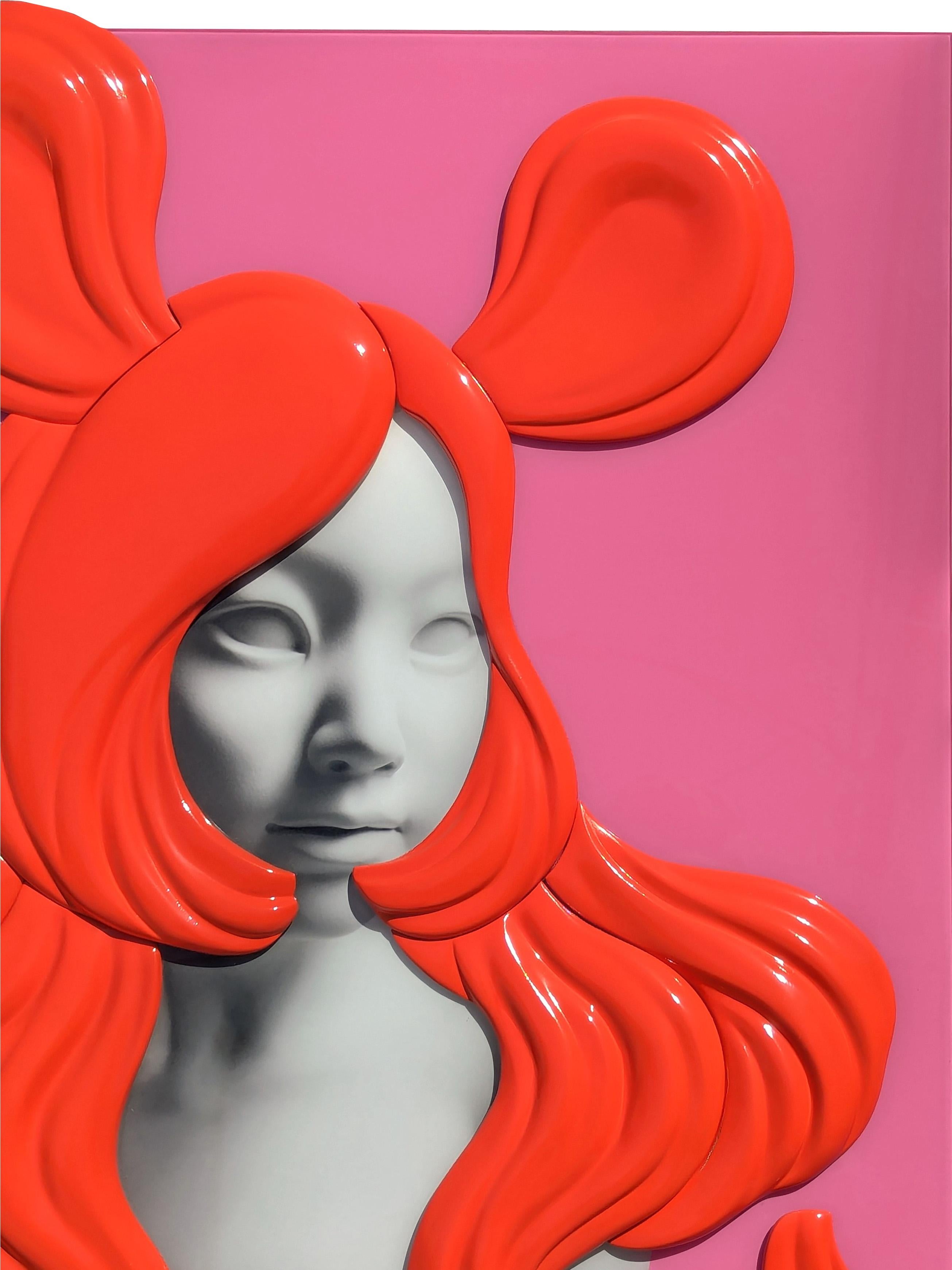 Ritratto figurativo contemporaneo in resina rossa e rosa a tre dimensioni 1
