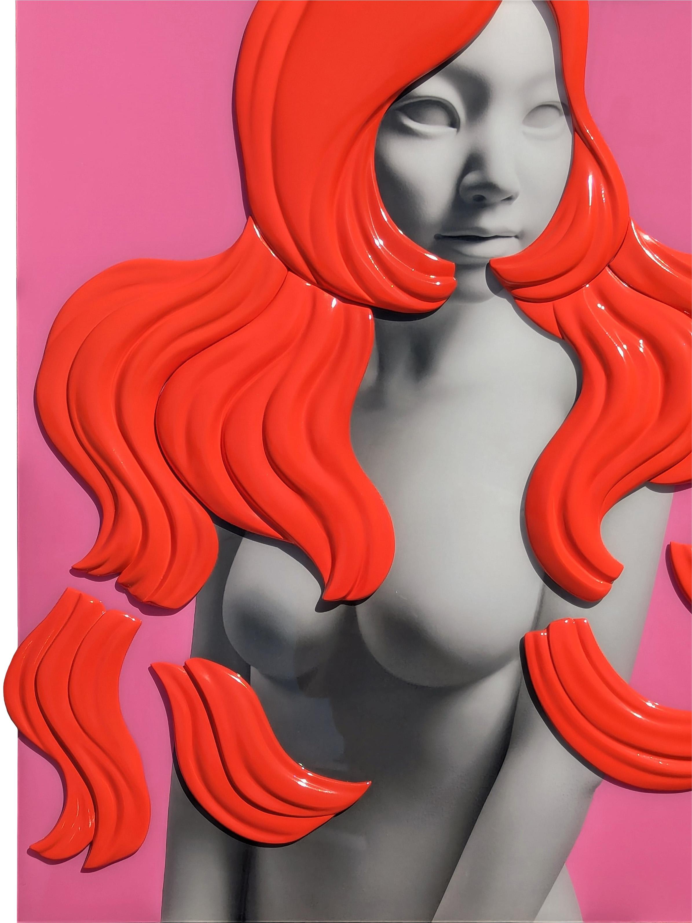 Ritratto figurativo contemporaneo in resina rossa e rosa a tre dimensioni 3