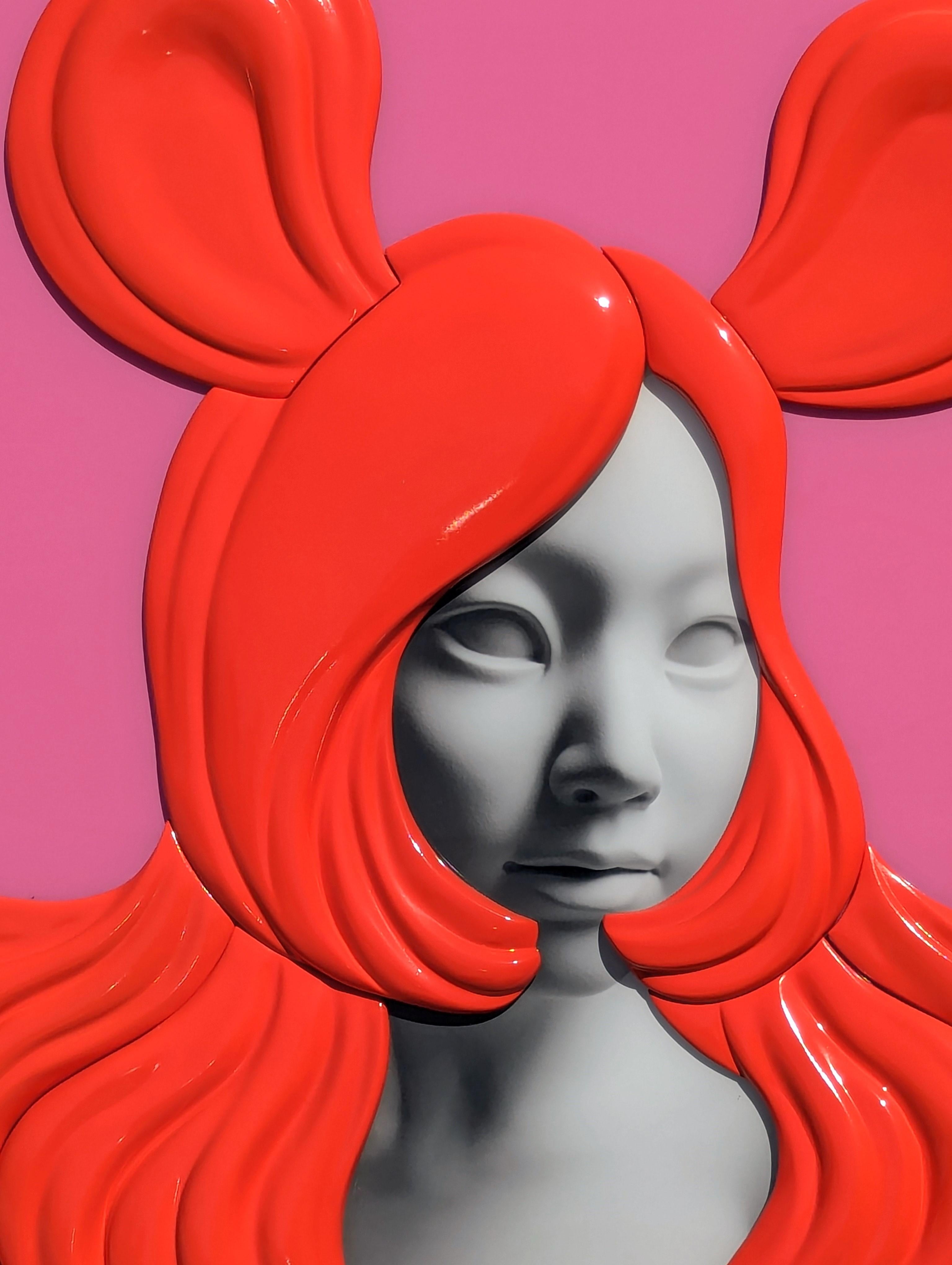 Ritratto figurativo contemporaneo in resina rossa e rosa a tre dimensioni 5