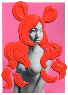 Ritratto figurativo contemporaneo in resina rossa e rosa a tre dimensioni