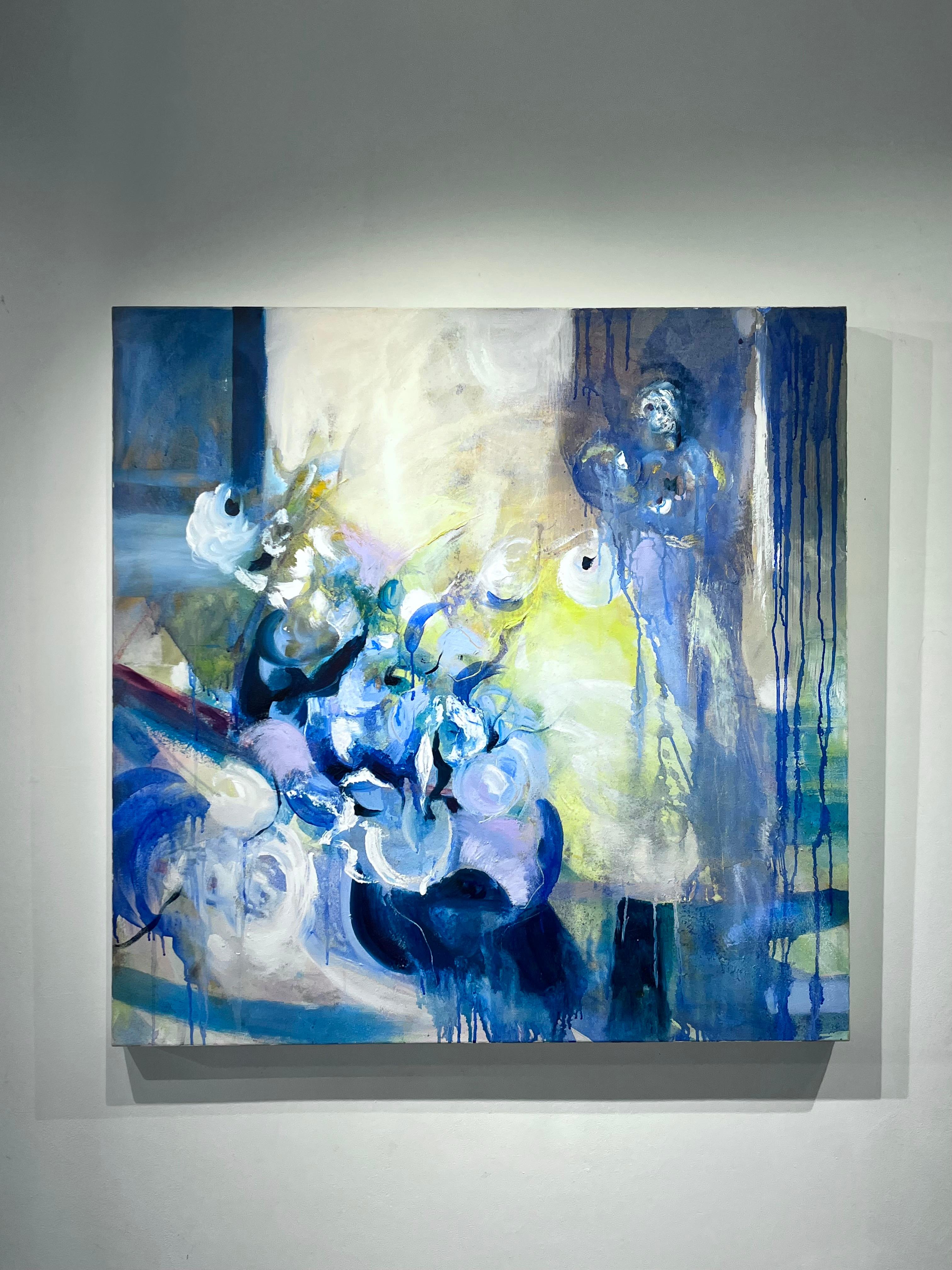 Eden - modernes abstraktes Blumenkunstwerk in zeitgenössischen Blautönen – Painting von Minna George 