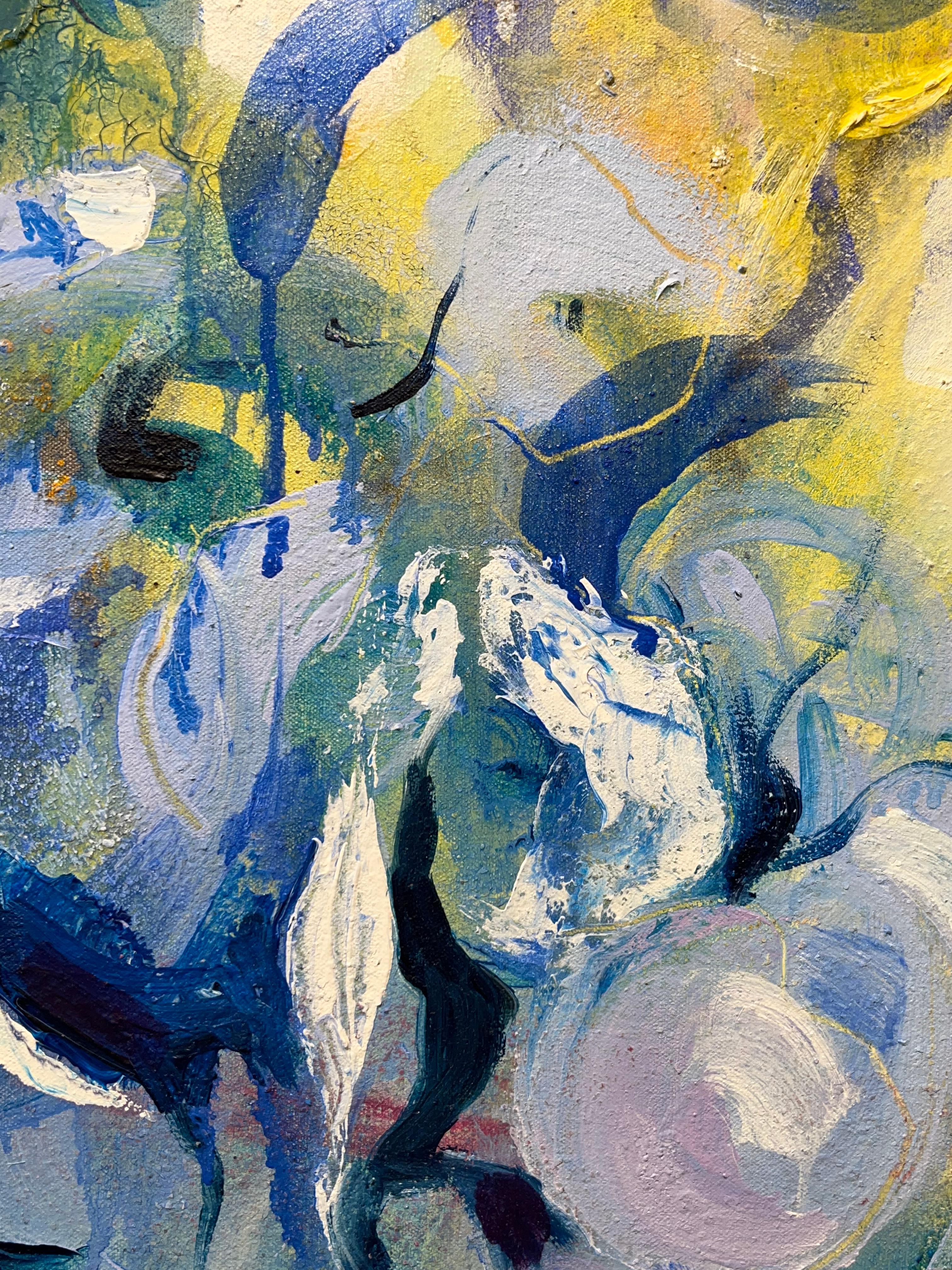 Sonata - opera d'arte floreale astratta moderna e originale con tonalità blu contemporanee - Abstract Painting Grigio di Minna George 