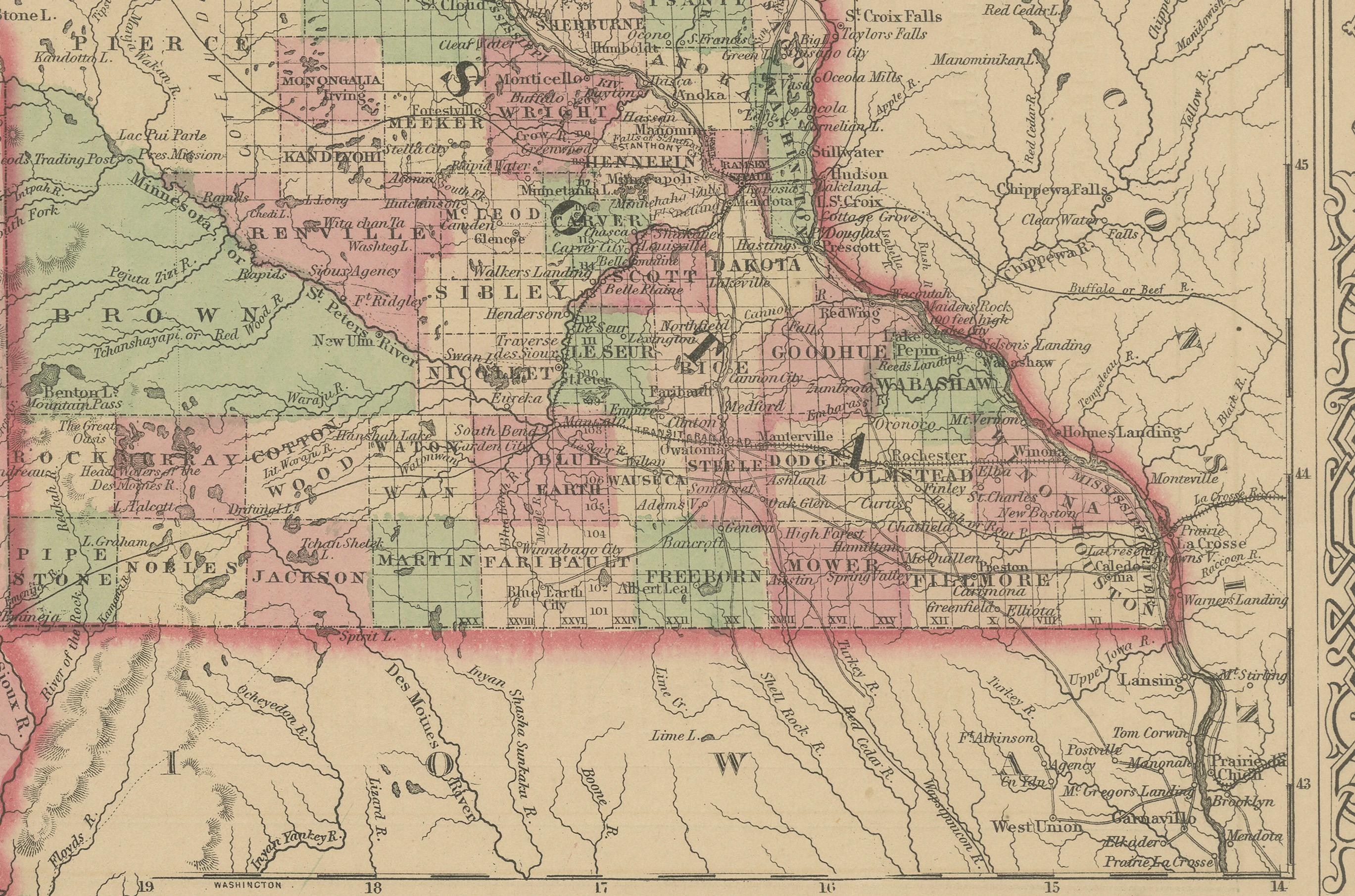 Mappa del Minnesota e del Dakota di Johnson, USA c.1864 - Mappa territoriale colorata a mano

Descrizione:

Si tratta di una mappa finemente incisa e colorata a mano intitolata Johnson's Minnesota and Dakota, pubblicata da Johnson and Ward a New