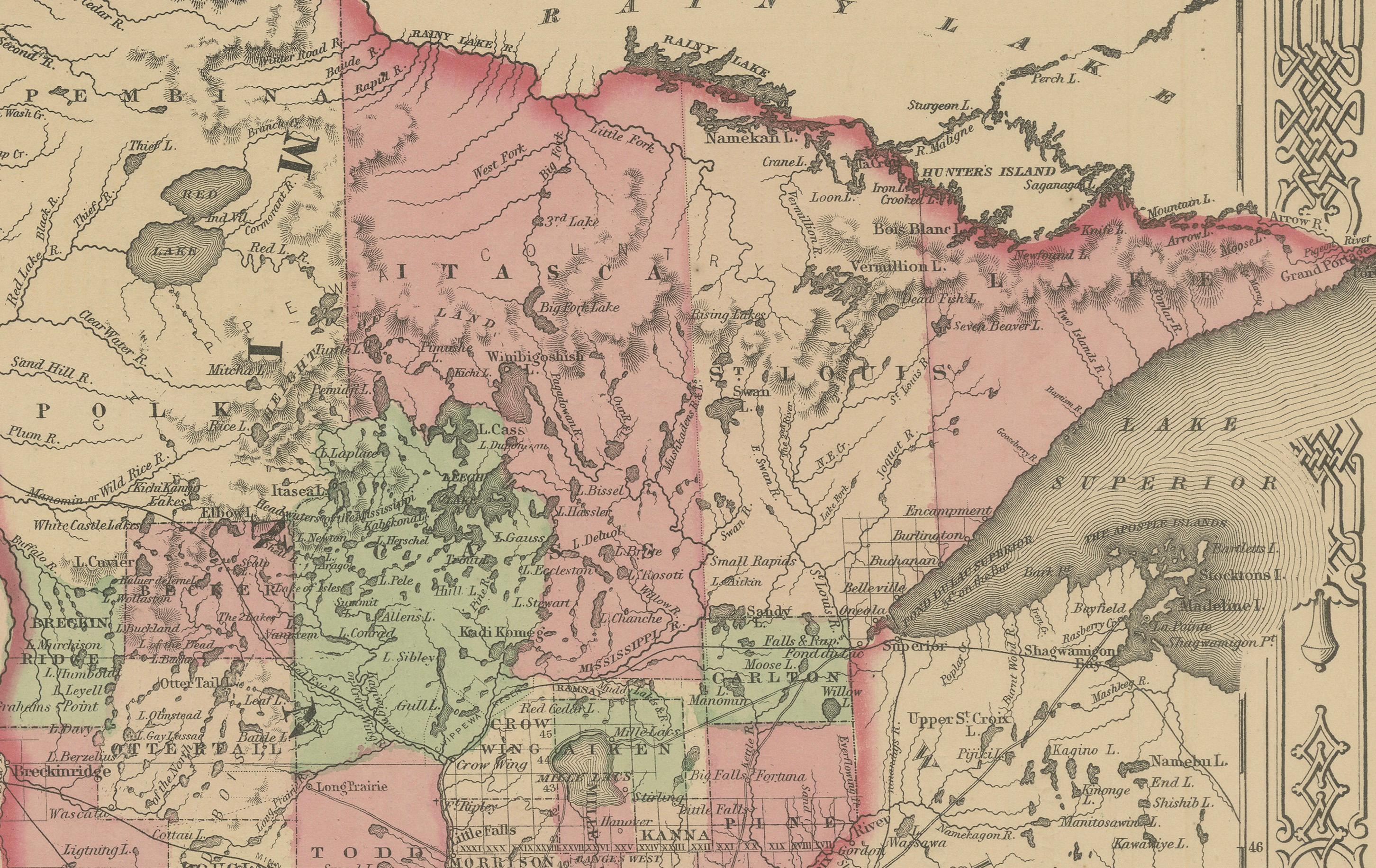 Americano Mappa del Minnesota e del Dakota - Johnson, colorata a mano, USA, 1864 ca. in vendita