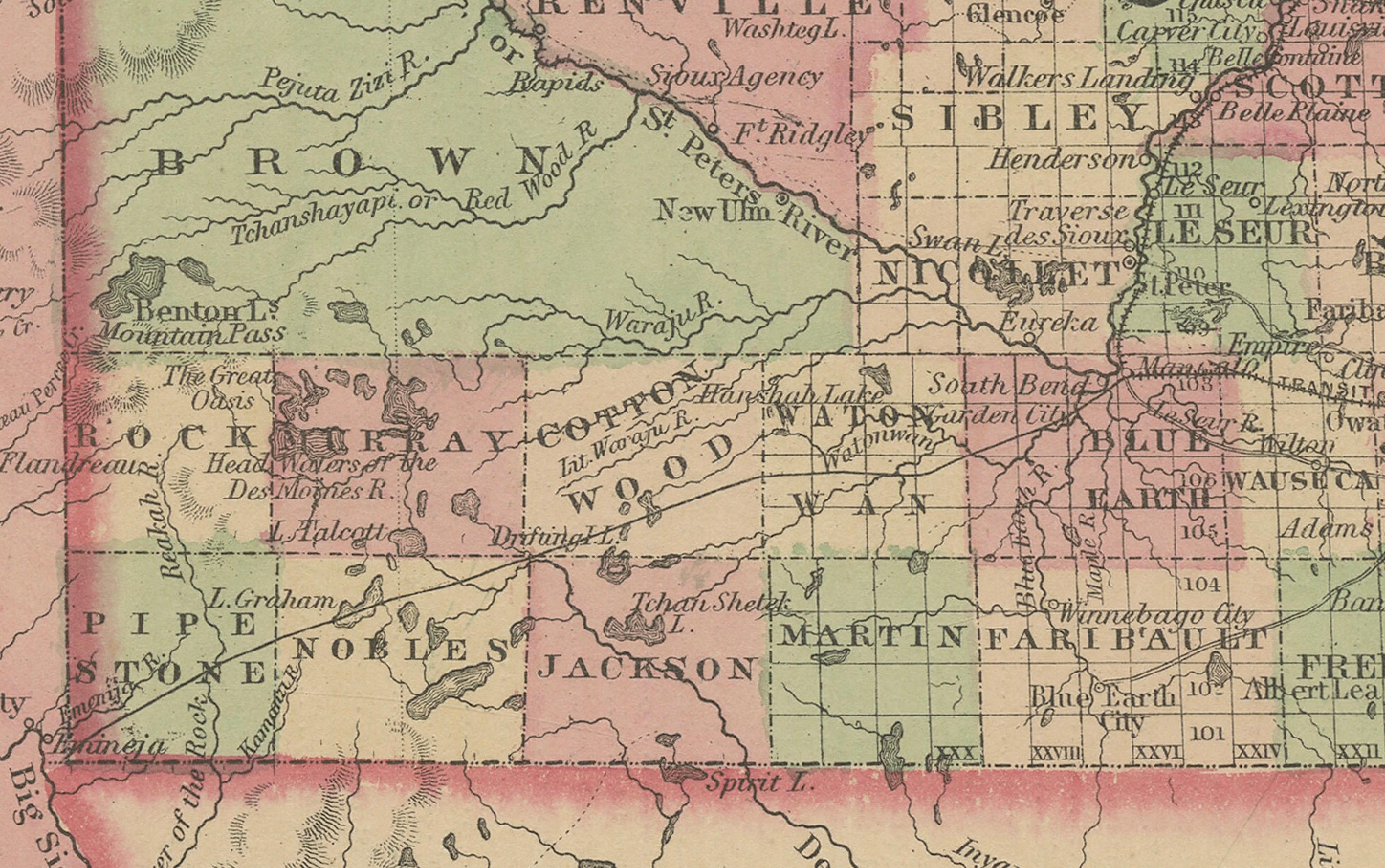Mappa del Minnesota e del Dakota - Johnson, colorata a mano, USA, 1864 ca. in vendita 2