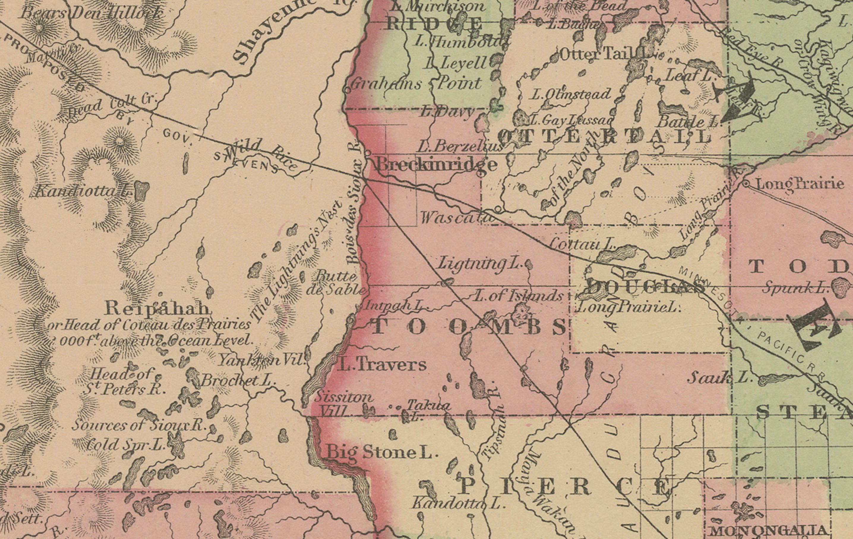 Mappa del Minnesota e del Dakota - Johnson, colorata a mano, USA, 1864 ca. in vendita 3