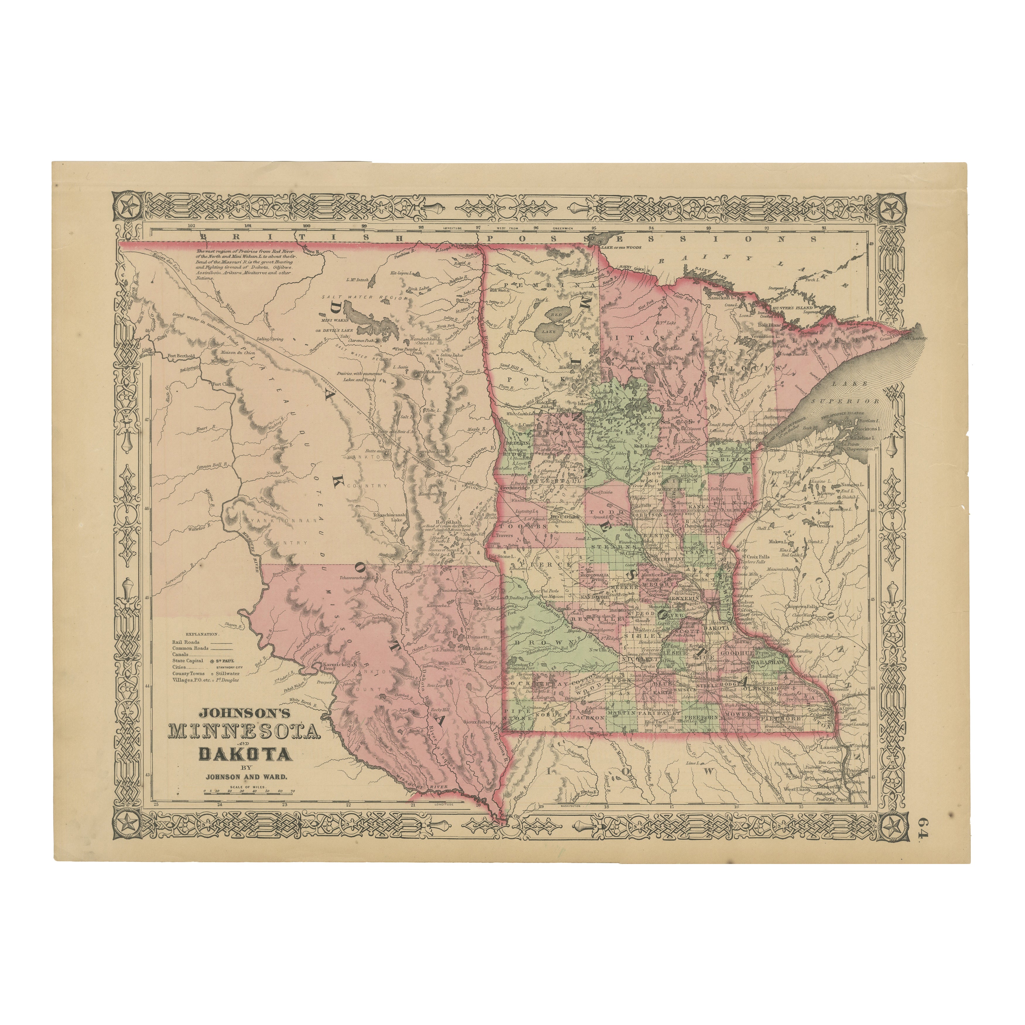 Mappa del Minnesota e del Dakota - Johnson, colorata a mano, USA, 1864 ca. in vendita