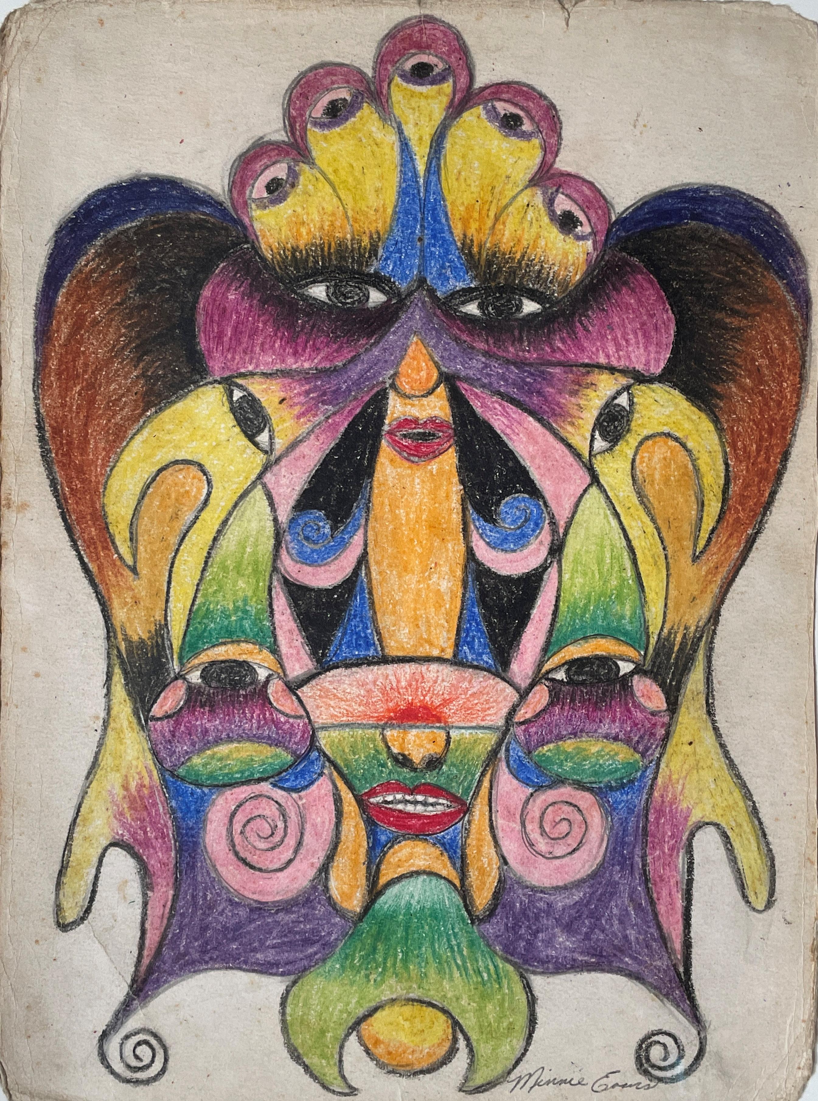 Minnie Evans
Senza titolo, 1960 circa
Firmato in basso a destra
Matita colorata, pastello e grafite su carta
12 x 9 pollici

Nata a Long Creek, nella Carolina del Nord, Minnie Evans ha abbracciato la sua sensibilità creativa in tarda età. Il Venerdì