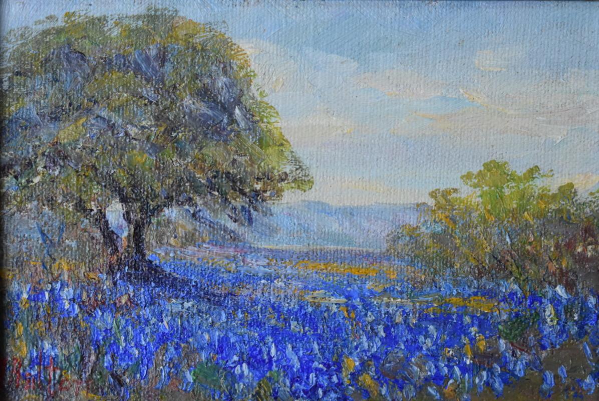 Minnie Hollis Haltom Landscape Painting - "Texas Bluebonnets'"  Texas Hill Country with strong oak tree