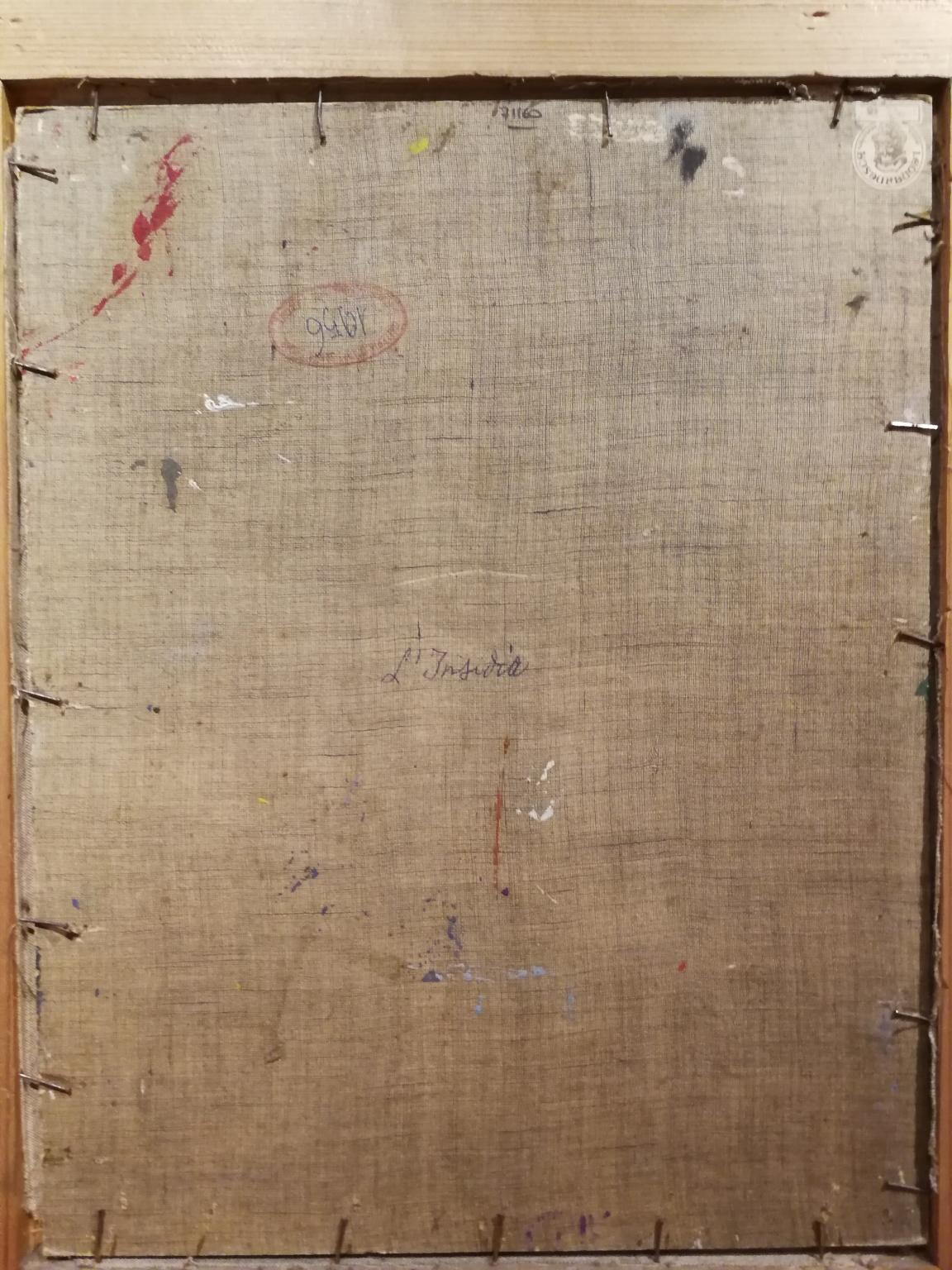 The painting (oil on canvas, 44.5 x 35 cm; with wood frame 64 x 54,5 cm) represents a moment on deception.
It's signed Maccari on the bottom left, and it's dated 1956 and titled 