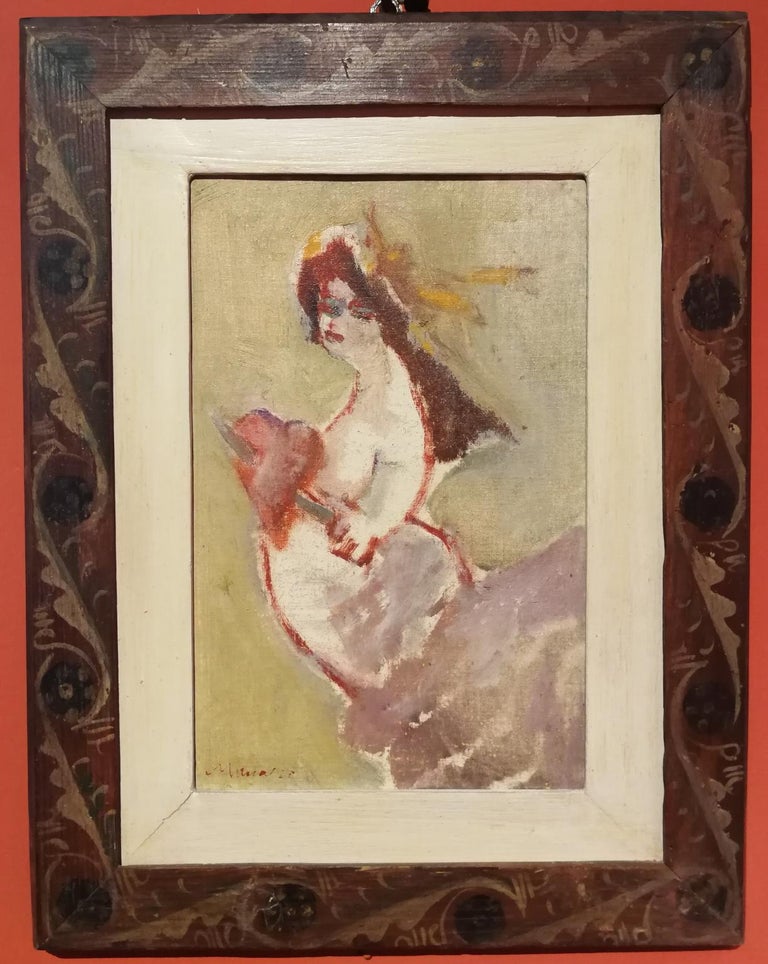 The painting (oil on canvas applied on cardboard, 30 x 19,5 cm; with wood frame 44 x 34 cm) represents a spanish lady.
It's signed Maccari on the bottom left, and it's dated 1958 and titled 