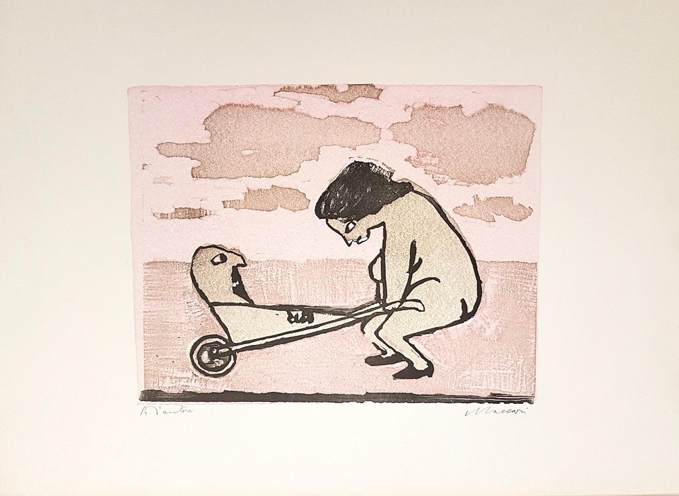 A Woman Playing - OriginalWoodcut by Mino Maccari - 1960