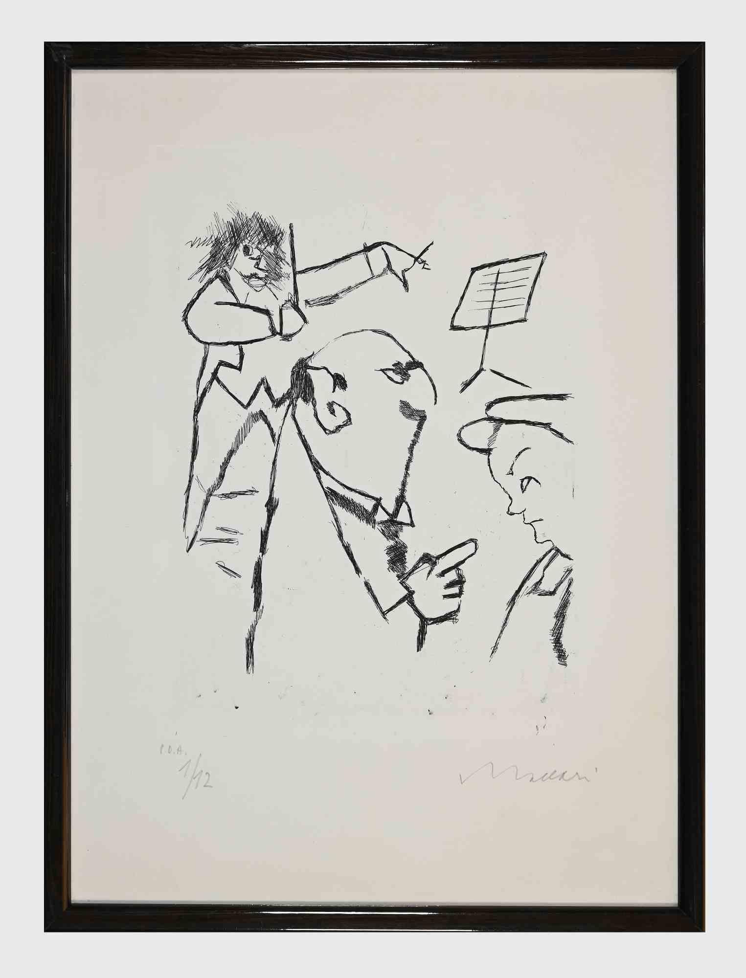 At the concert is an original modern artwork realized in 1970s by the Italian artist  Mino Maccari  (Siena, 1898 - Rome, 1989).

Original black and white etching and drypoint.

Hand-signed  by the artist on the lower corner:  Mino Maccari.

Numbered