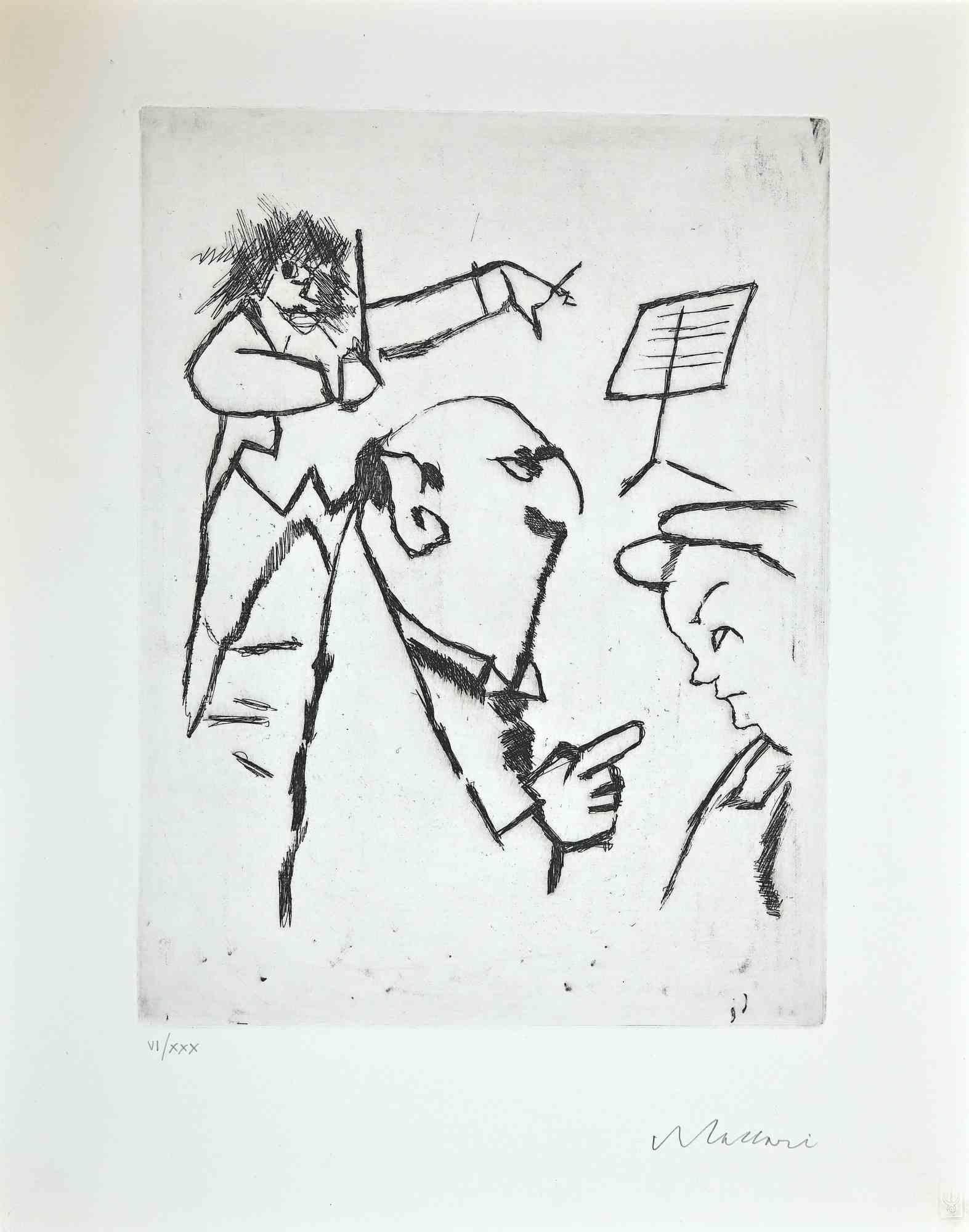 At the concert is an original modern artwork realized in 1970s by the Italian artist  Mino Maccari  (Siena, 1898 - Rome, 1989).

Original black and white etching and drypoint.

Hand-signed by the artist on the lower corner:  Mino Maccari.

Numbered.