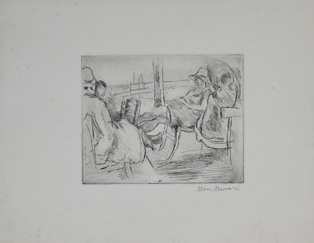 At the Sea is an original drypoint realized by Mino Maccari (1925-1930).

The artwork is in good conditions, except for worn paper on the margins.

Hand-signed by the artist on the right corner. It's part of Cat. Meloni number 877