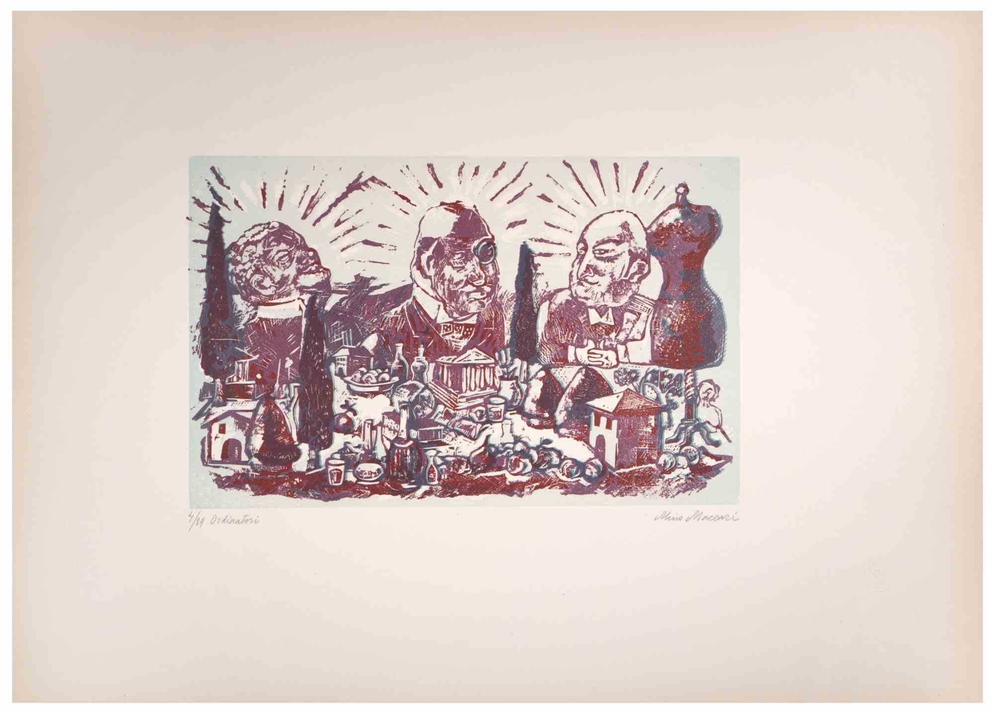 Authorising Officers (Ordinatori) is an Artwork realized by Mino Maccari  (1924-1989) in the Mid-20th Century.

Colored woodcut on paper. Hand-signed on the lower, numbered 4/89 specimens and titled on the left margin.

Good conditions.

Mino