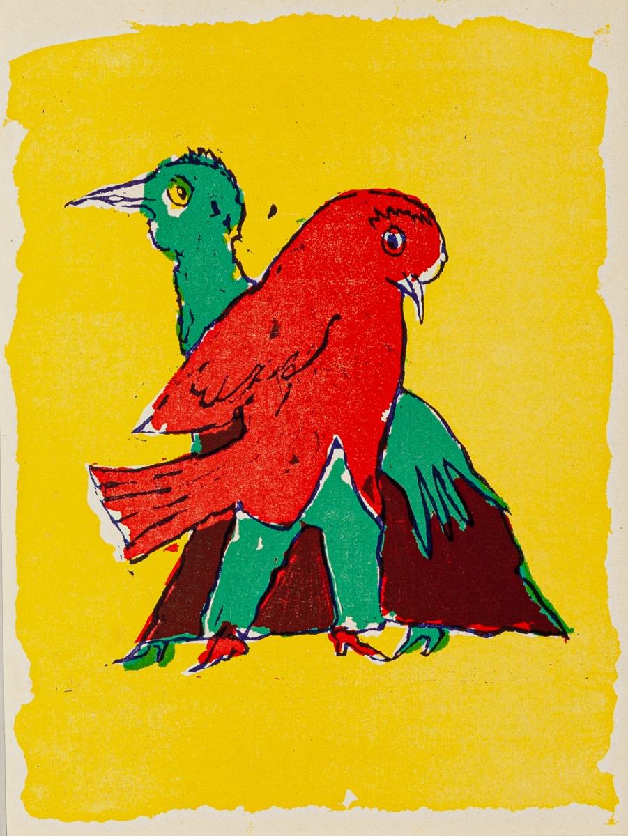 Birds is an original woodcut realized by Mino Maccari.

Included a white Passepartout: 49 x 34 cm.

The state of preservation is very good.

The artwork represents two birds, through the vivid reddish, greenish color, with a bright yellow