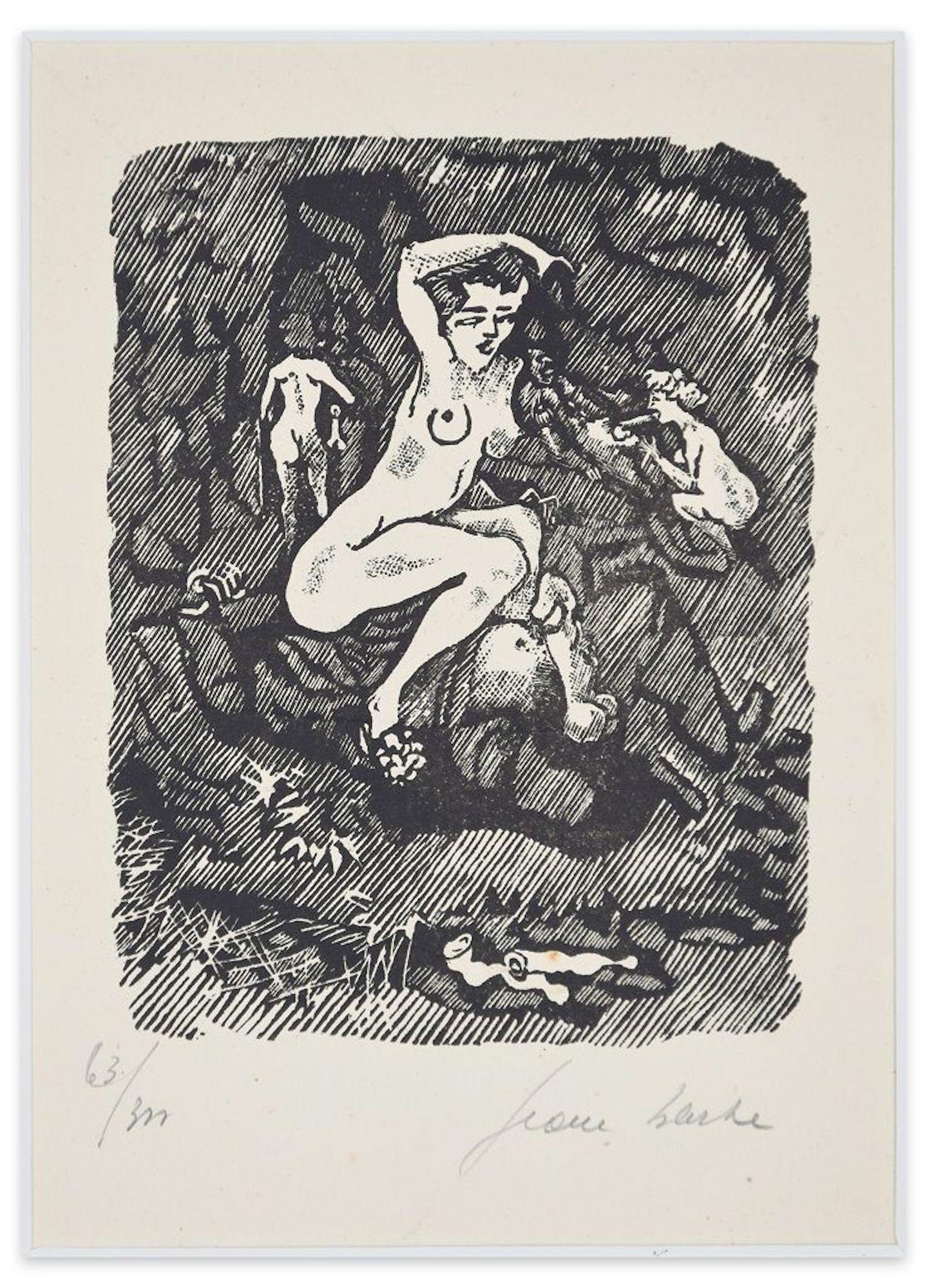 Image dimensions: 15 x 11.5 cm.

Boudoir is a black and white linocut on ivory-colored paper, realized in 1945 by the Italian satiric master Mino Maccari (1898-1989).

Hand-signed with the pseudonym "Jean Barbe" and numbered in pencil and in Arabic