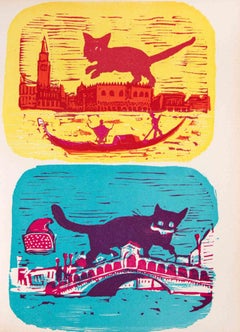 Cats in Venice - Original Linocut by Mino Maccari - 1951